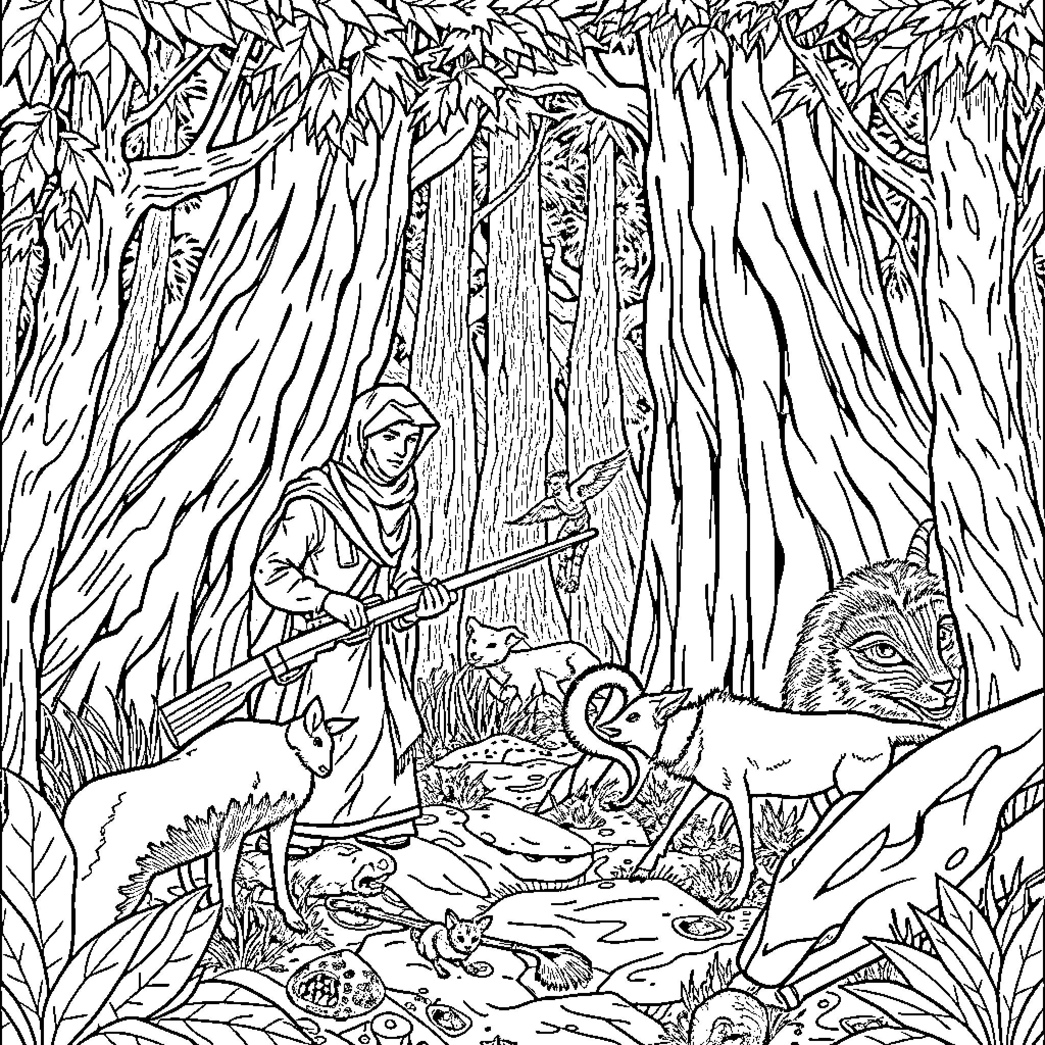 Rumi Exploring the Enchanted Forest Coloring Page (free black-and-white line drawing printable PDF for all, from beginners to advanced learners, including children, teens, adults, and seniors)