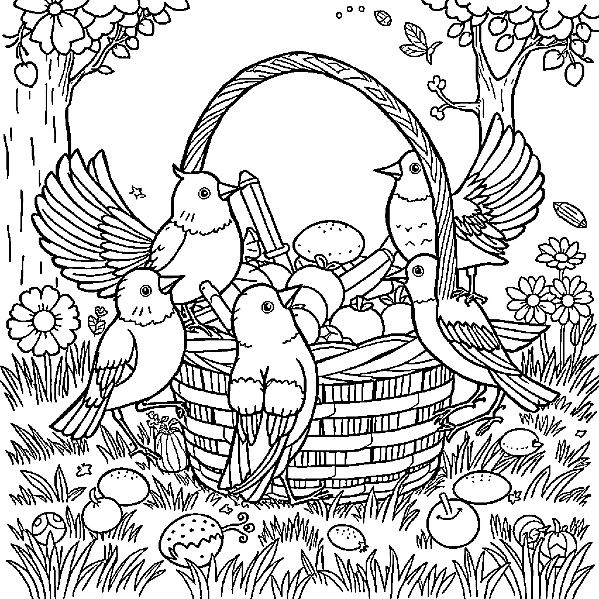 Bird family in a floral basket Coloring Page (free black-and-white line drawing printable PDF for all, from beginners to advanced learners, including children, teens, adults, and seniors)