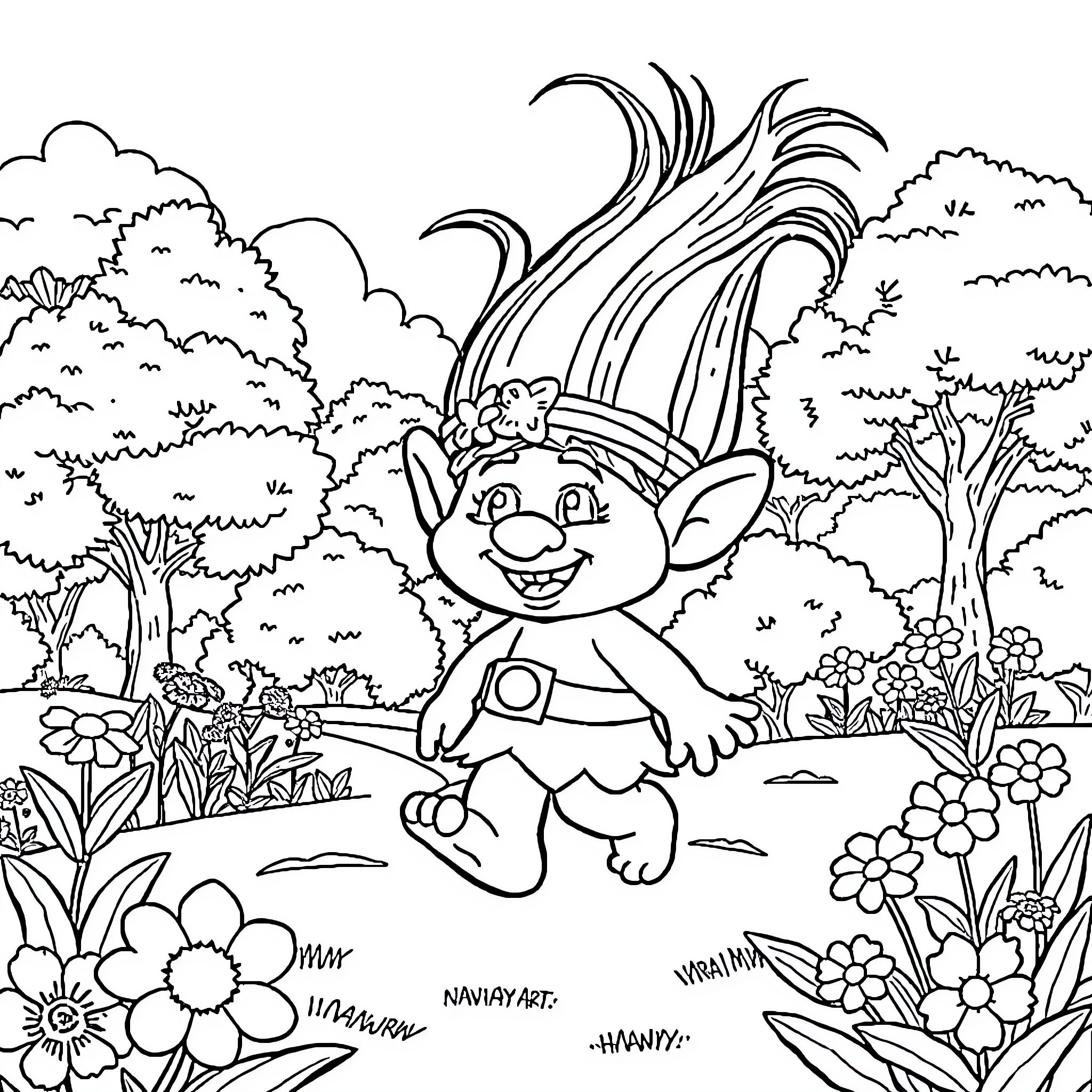 Poppy exploring the vibrant floral garden Coloring Page (free black-and-white line drawing printable PDF for all, from beginners to advanced learners, including children, teens, adults, and seniors)