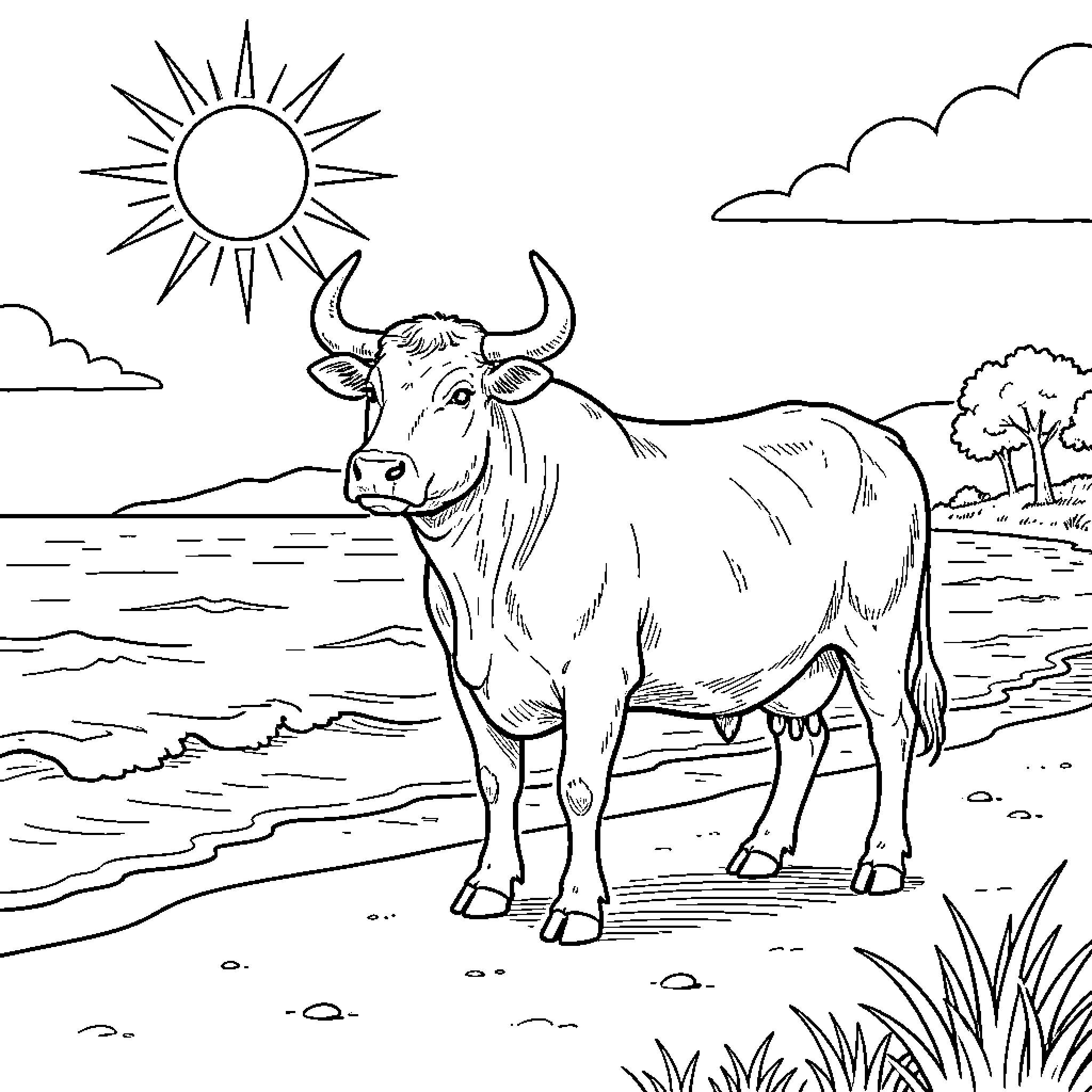 Boeuf standing peacefully by the ocean shore Coloring Page (free black-and-white line drawing printable PDF for all, from beginners to advanced learners, including children, teens, adults, and seniors)