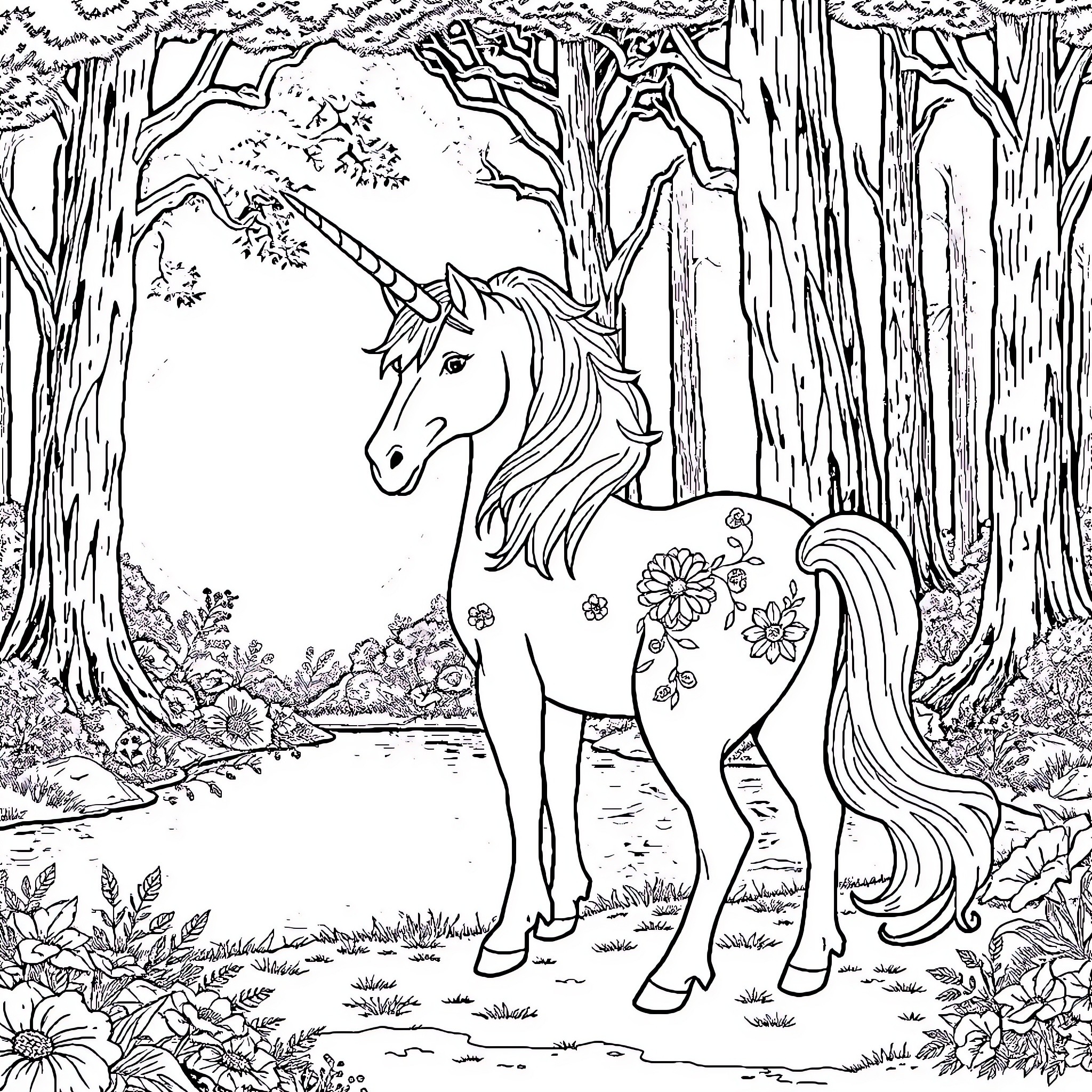 Unicorn exploring enchanted forest Coloring Page (free black-and-white line drawing printable PDF for all, from beginners to advanced learners, including children, teens, adults, and seniors)