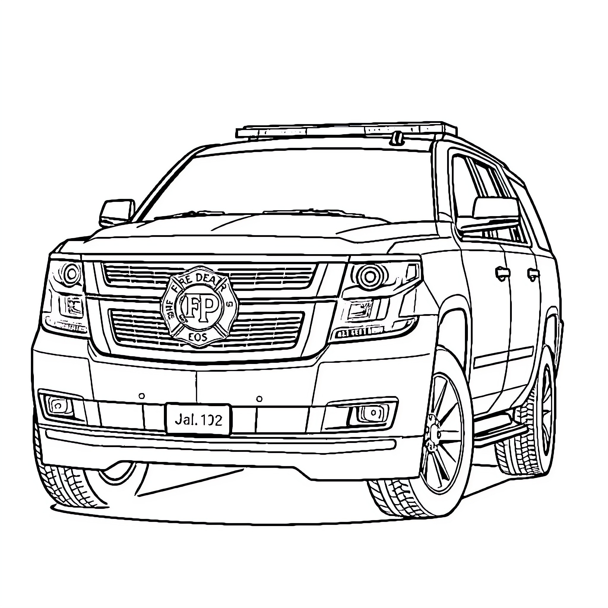 Tahoe police patrol vehicle with siren and lights Coloring Page (free black-and-white line drawing printable PDF for all, from beginners to advanced learners, including children, teens, adults, and seniors)