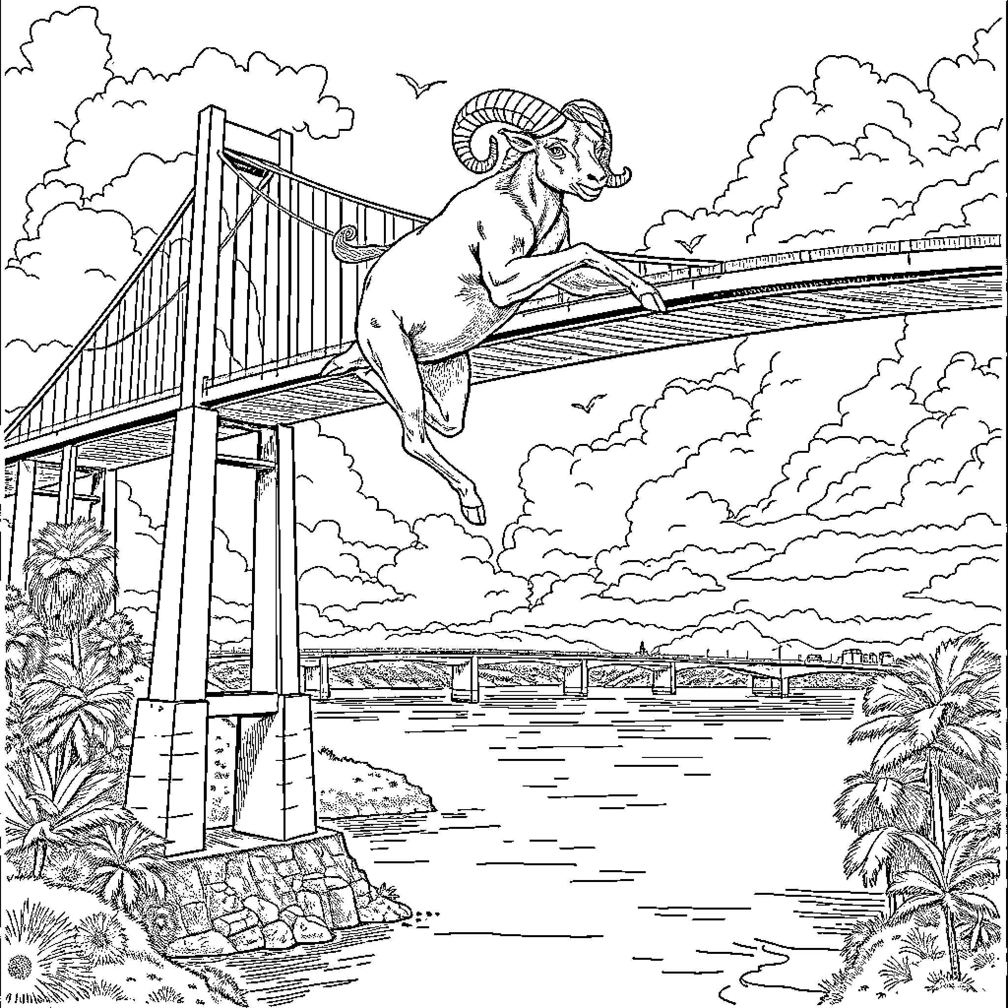 Ram leaping gracefully across the bridge Coloring Page (free black-and-white line drawing printable PDF for all, from beginners to advanced learners, including children, teens, adults, and seniors)