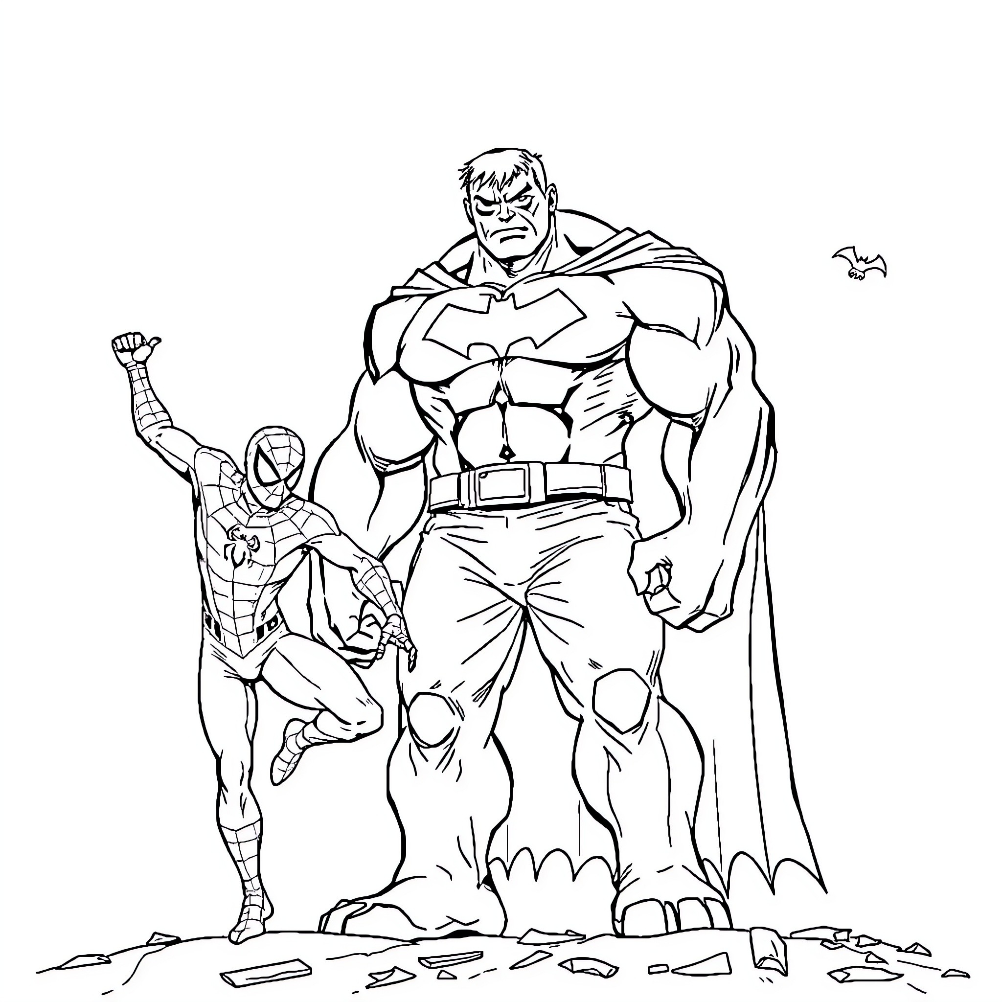 Hulk and Spider-Man facing off in action-packed scene Coloring Page (free black-and-white line drawing printable PDF for all, from beginners to advanced learners, including children, teens, adults, and seniors)