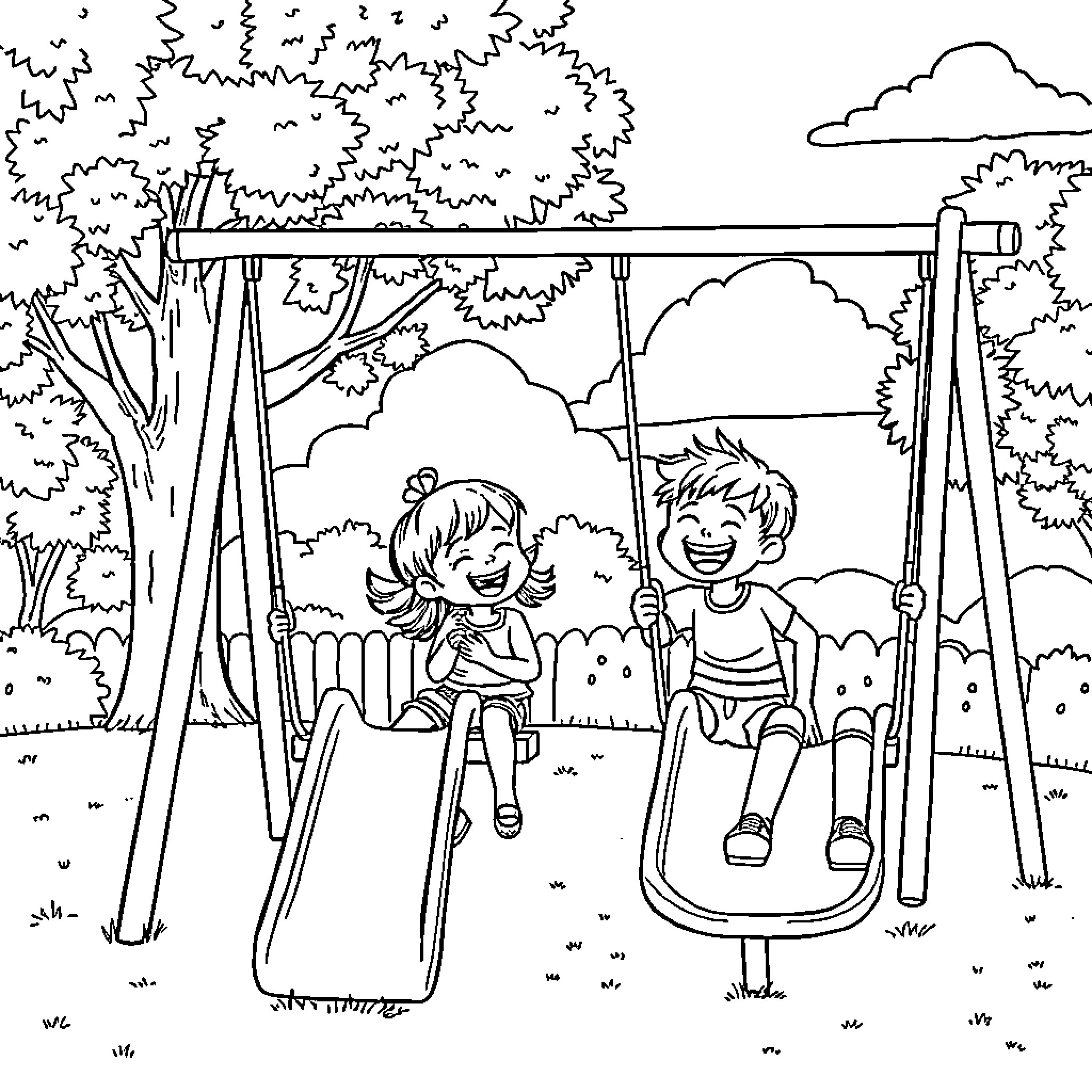 Kids playing happily on a playground swing Coloring Page (free black-and-white line drawing printable PDF for all, from beginners to advanced learners, including children, teens, adults, and seniors)