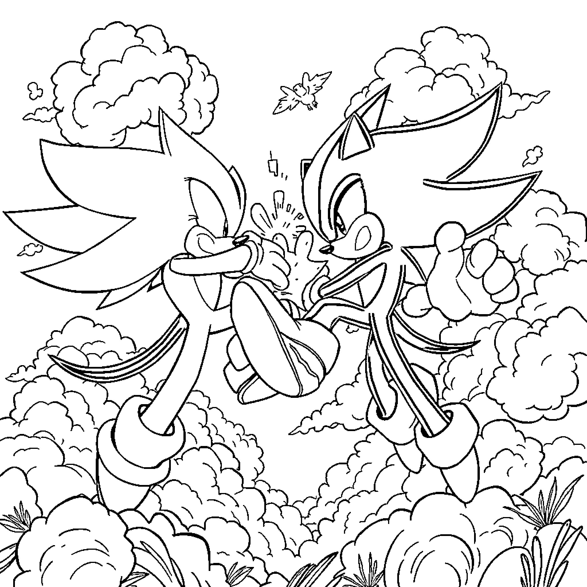 Zonic Superhero Battles in the Clouds Coloring Page (free black-and-white line drawing printable PDF for all, from beginners to advanced learners, including children, teens, adults, and seniors)