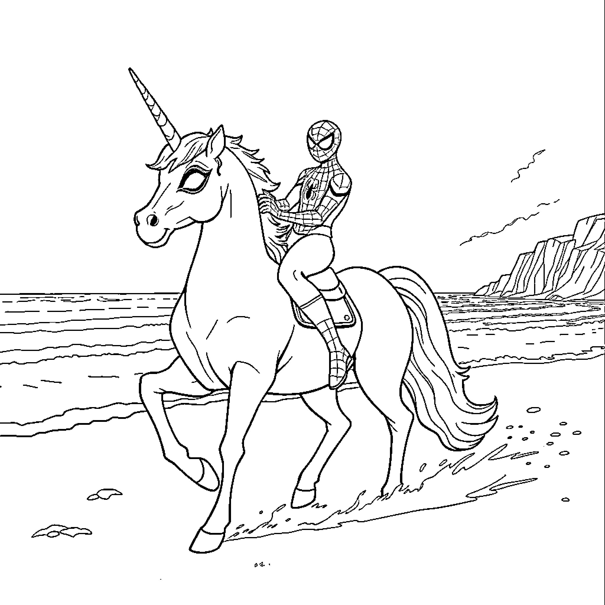 Spiderman riding a unicorn on the beach Coloring Page (free black-and-white line drawing printable PDF for all, from beginners to advanced learners, including children, teens, adults, and seniors)
