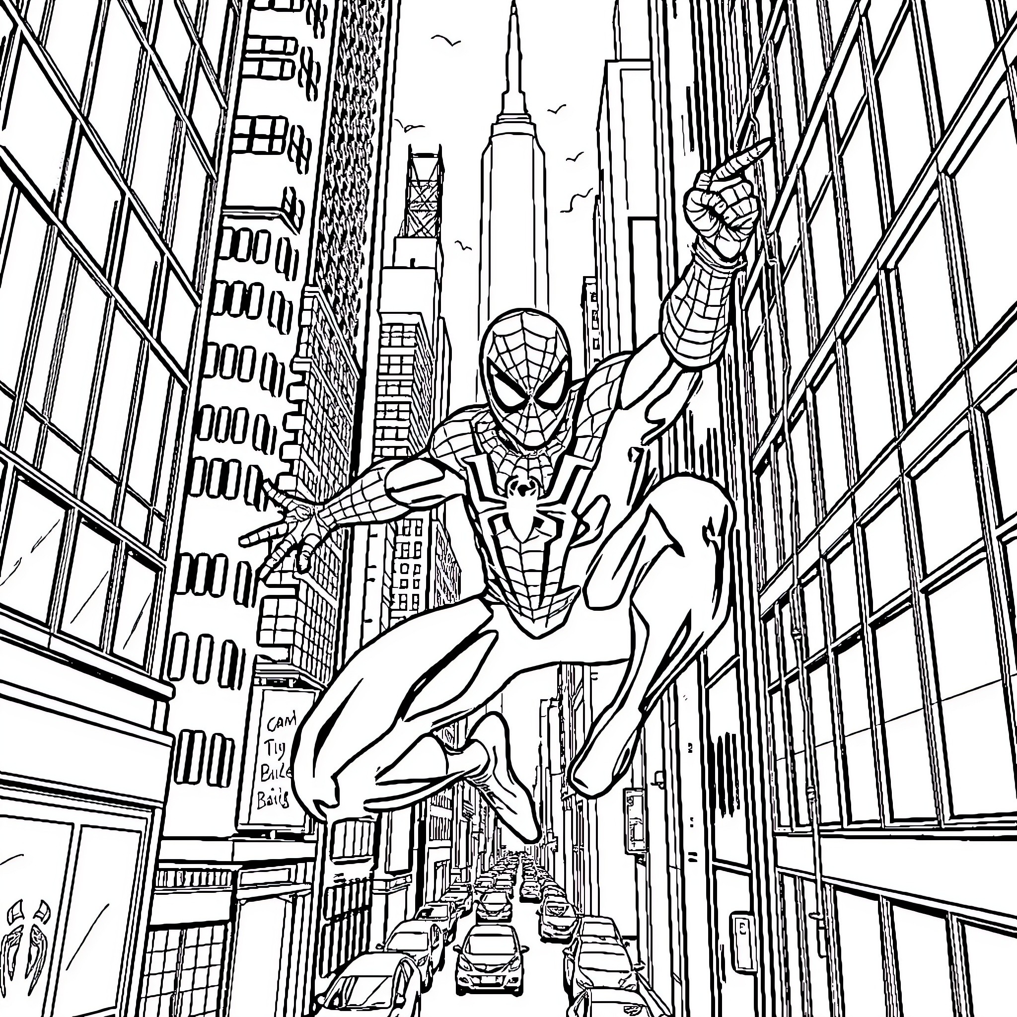 Spider hero swinging through skyscrapers in action Coloring Page (free black-and-white line drawing printable PDF for all, from beginners to advanced learners, including children, teens, adults, and seniors)