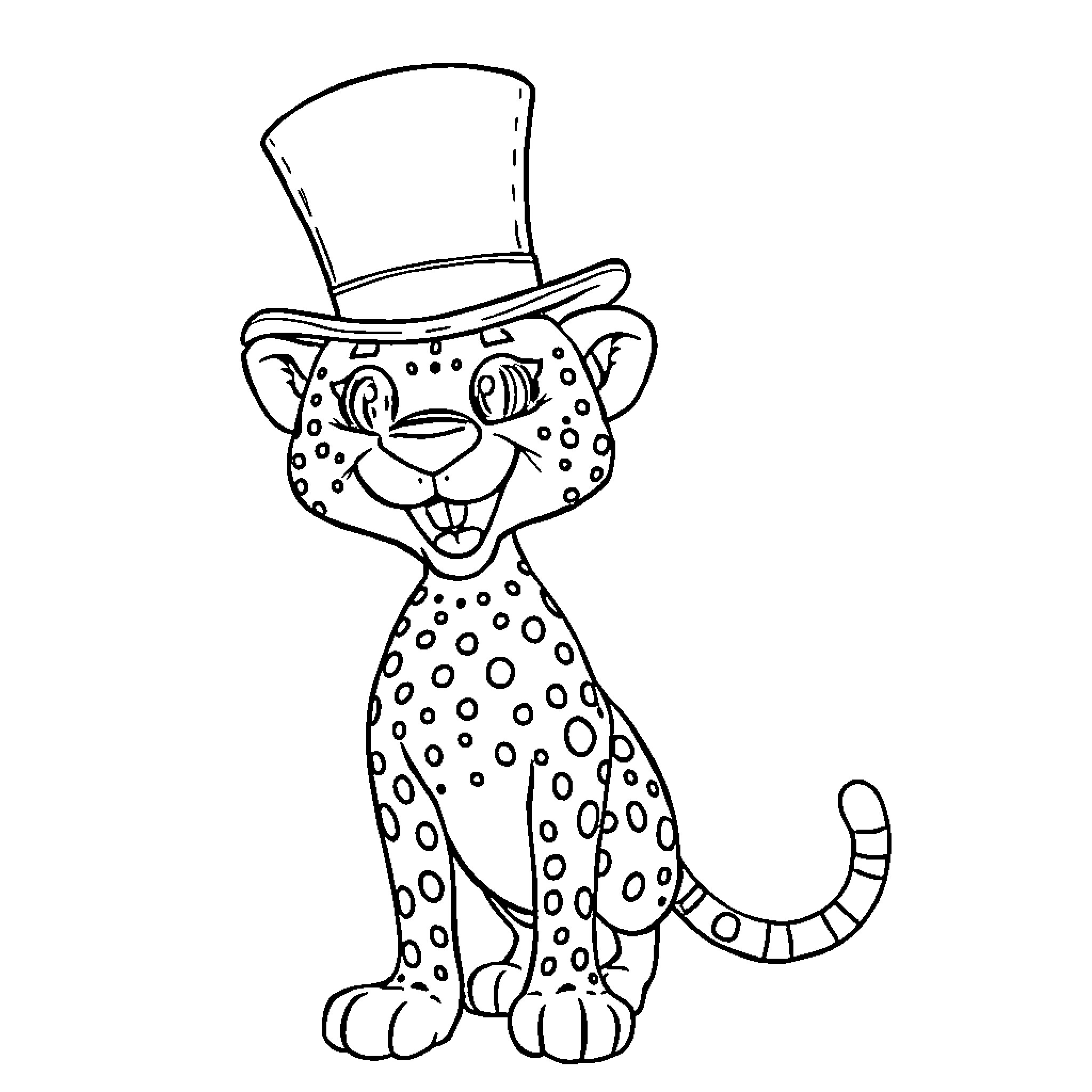 Cheetah dressed up in a fancy top hat Coloring Page (free black-and-white line drawing printable PDF for all, from beginners to advanced learners, including children, teens, adults, and seniors)