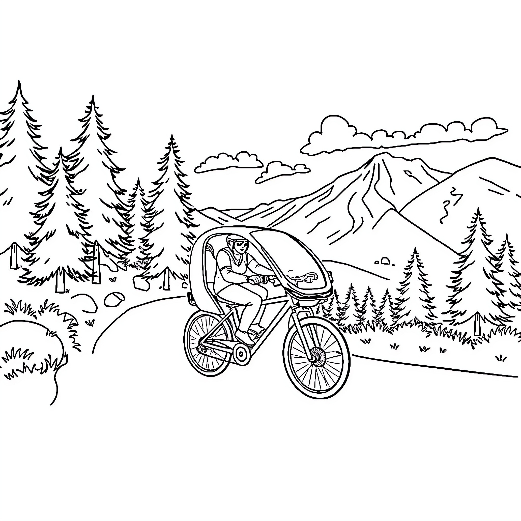 Pogacar cycling through scenic mountain landscape Coloring Page (free black-and-white line drawing printable PDF for all, from beginners to advanced learners, including children, teens, adults, and seniors)