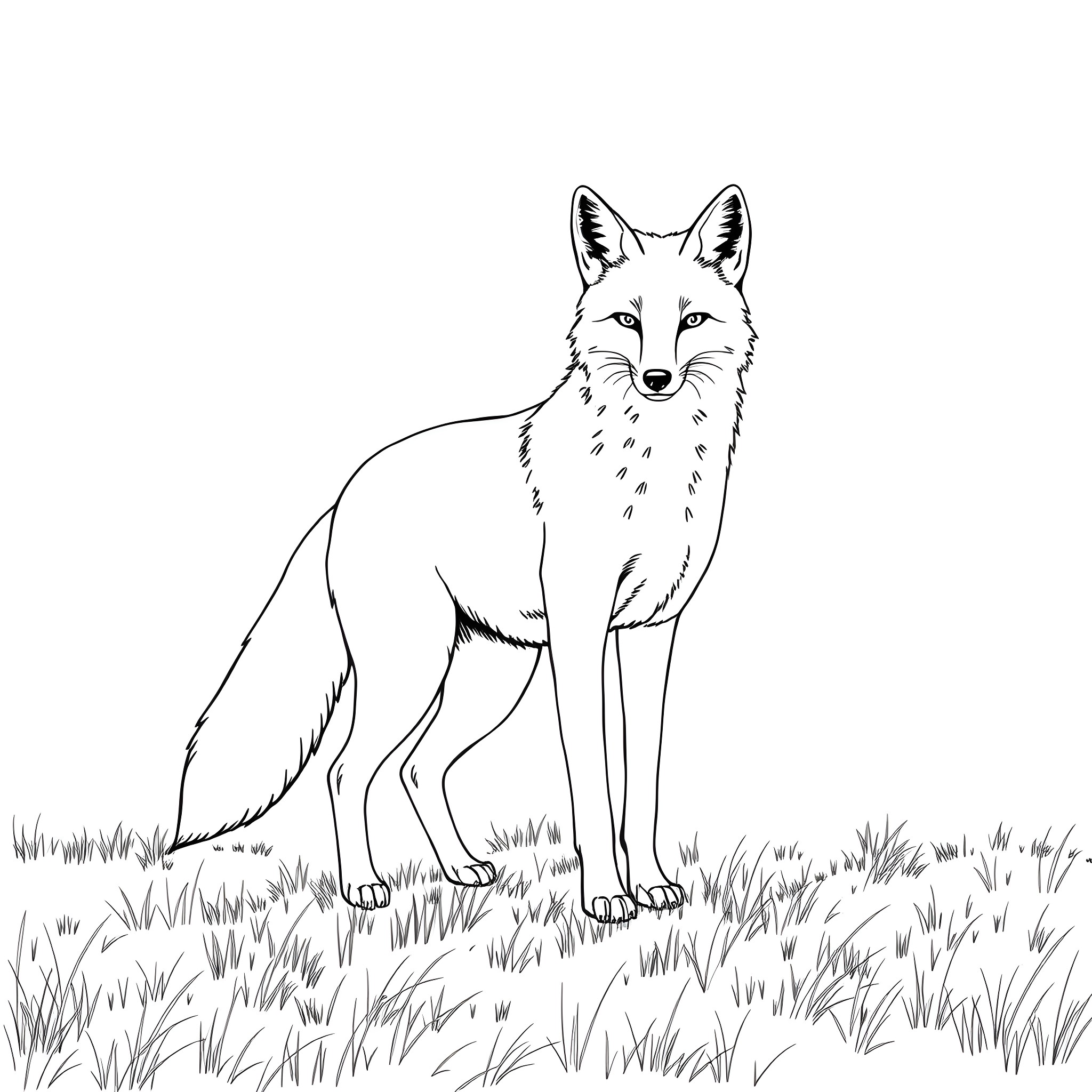 Fox standing alert in the wilderness Coloring Page (free black-and-white line drawing printable PDF for all, from beginners to advanced learners, including children, teens, adults, and seniors)