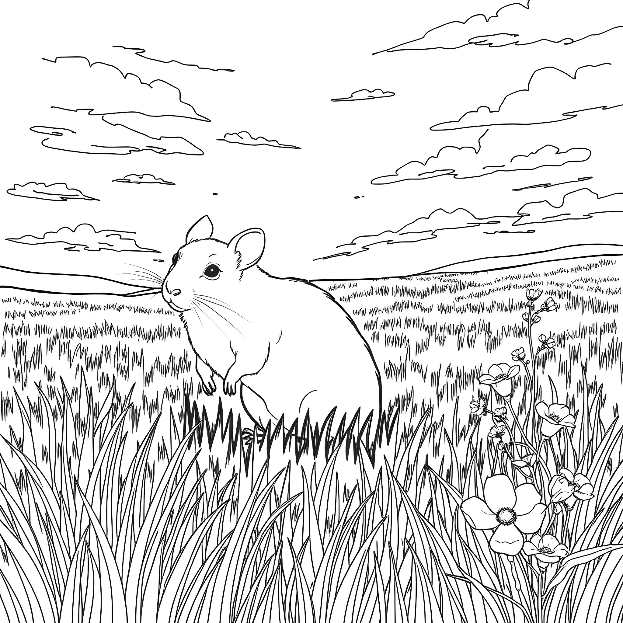 Rat peering out from tall grass in a scenic landscape Coloring Page (free black-and-white line drawing printable PDF for all, from beginners to advanced learners, including children, teens, adults, and seniors)