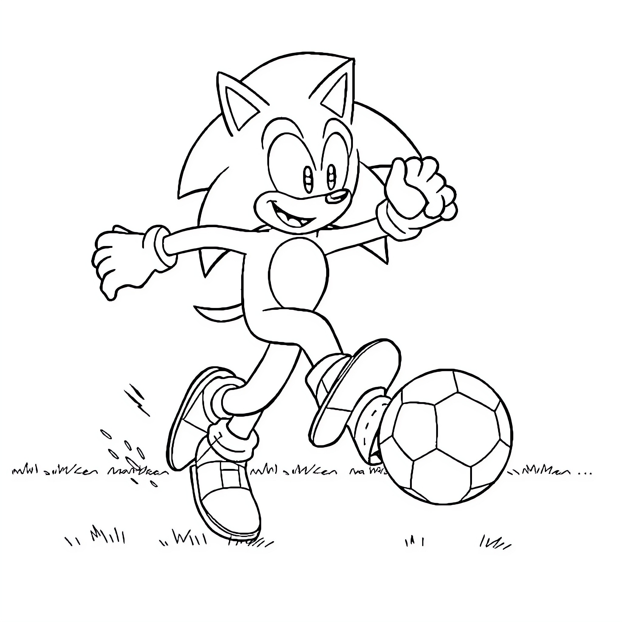 Sonic playing with a soccer ball on the field Coloring Page (free black-and-white line drawing printable PDF for all, from beginners to advanced learners, including children, teens, adults, and seniors)