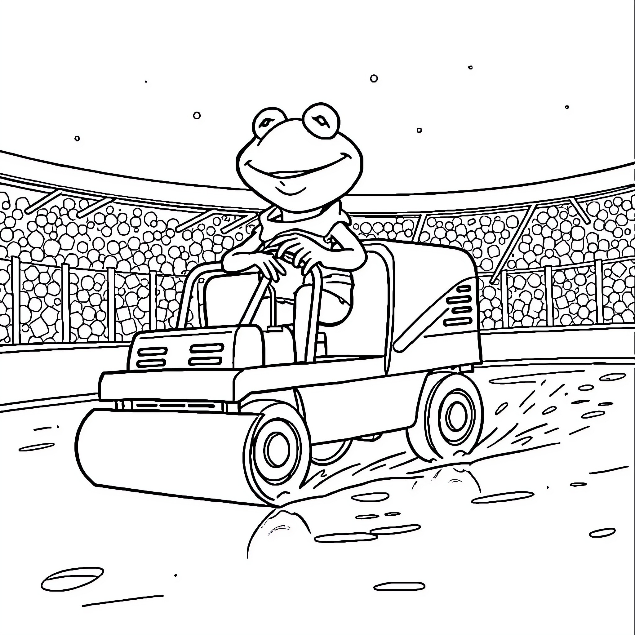 Kermit the Frog driving a bulldozer in a construction site Coloring Page (free black-and-white line drawing printable PDF for all, from beginners to advanced learners, including children, teens, adults, and seniors)
