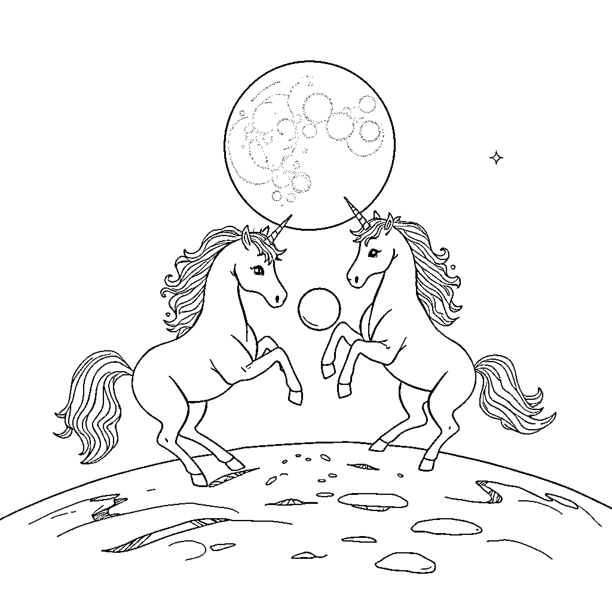 Unicorn pair prancing under the moon Coloring Page (free black-and-white line drawing printable PDF for all, from beginners to advanced learners, including children, teens, adults, and seniors)