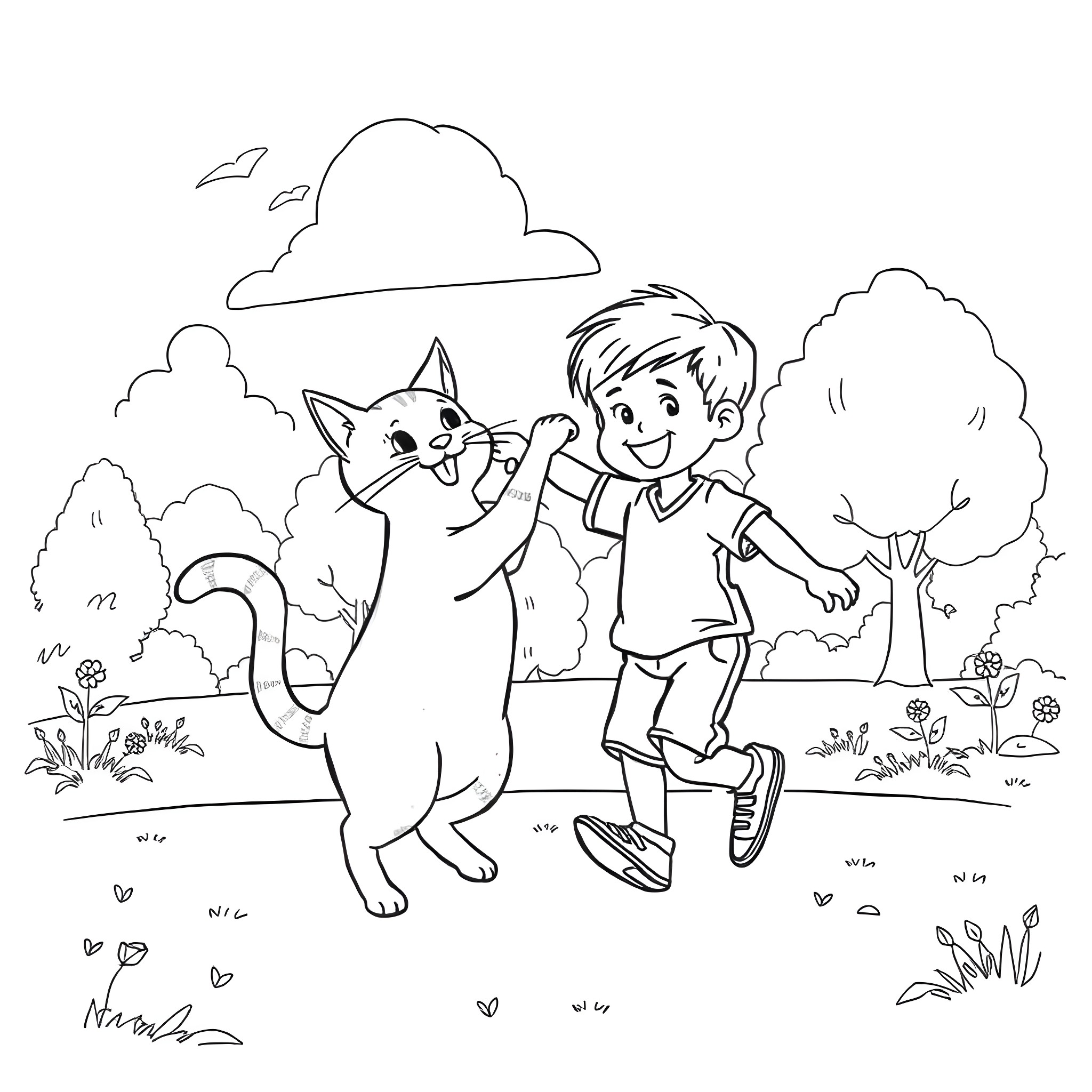 Cat and boy playing together in the park Coloring Page (free black-and-white line drawing printable PDF for all, from beginners to advanced learners, including children, teens, adults, and seniors)