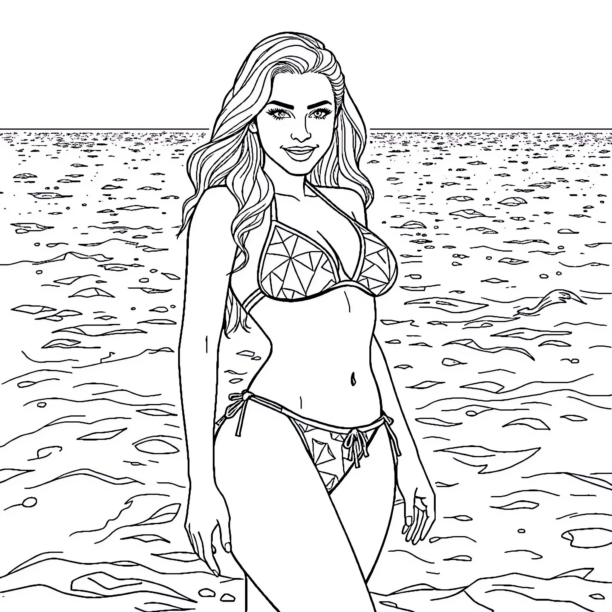 Angela White Enjoying a Day at the Beach Coloring Page (free black-and-white line drawing printable PDF for all, from beginners to advanced learners, including children, teens, adults, and seniors)