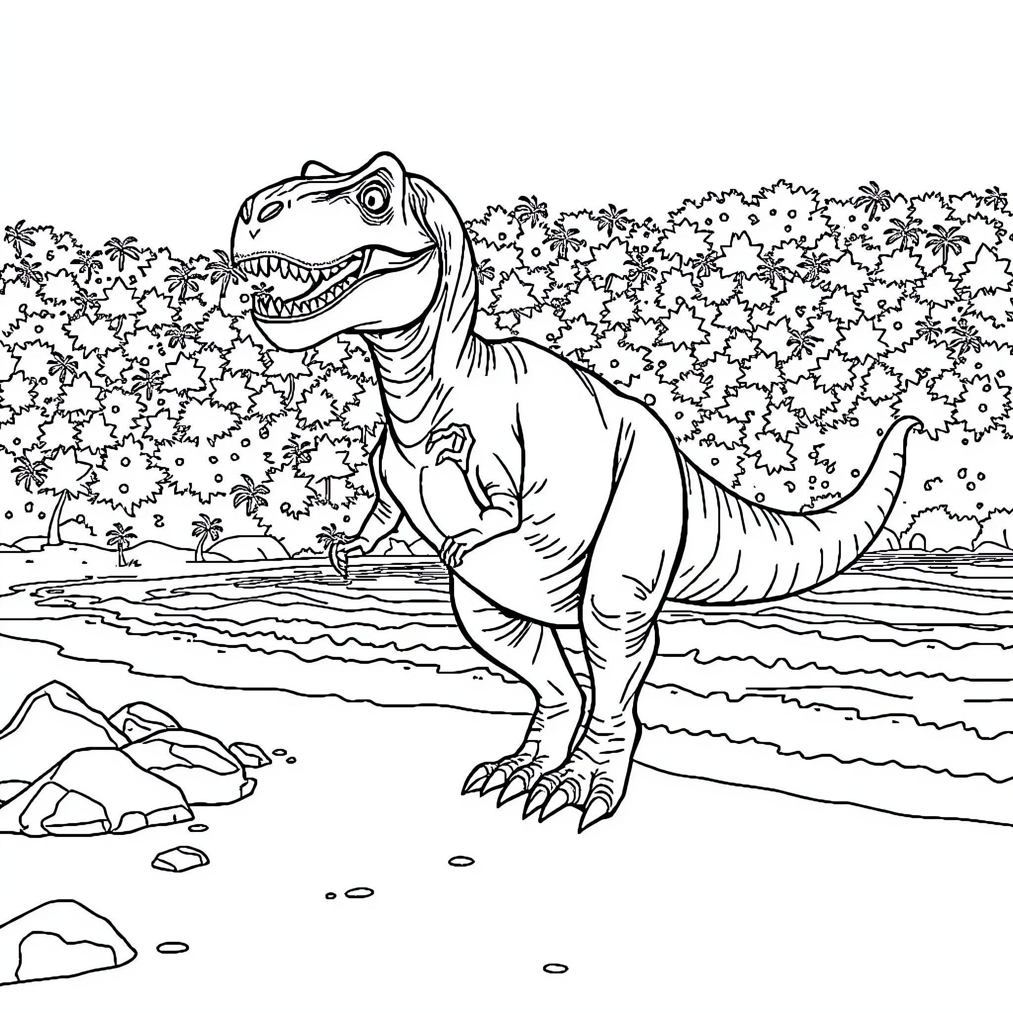Trex roaring in the prehistoric landscape Coloring Page (free black-and-white line drawing printable PDF for all, from beginners to advanced learners, including children, teens, adults, and seniors)