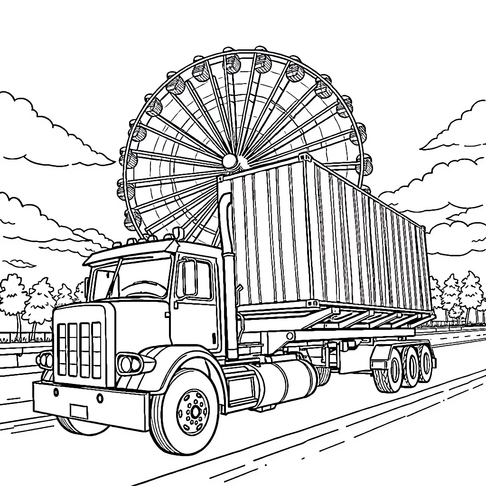 Truck Transporting Giant Ferris Wheel on the Road Coloring Page (free black-and-white line drawing printable PDF for all, from beginners to advanced learners, including children, teens, adults, and seniors)