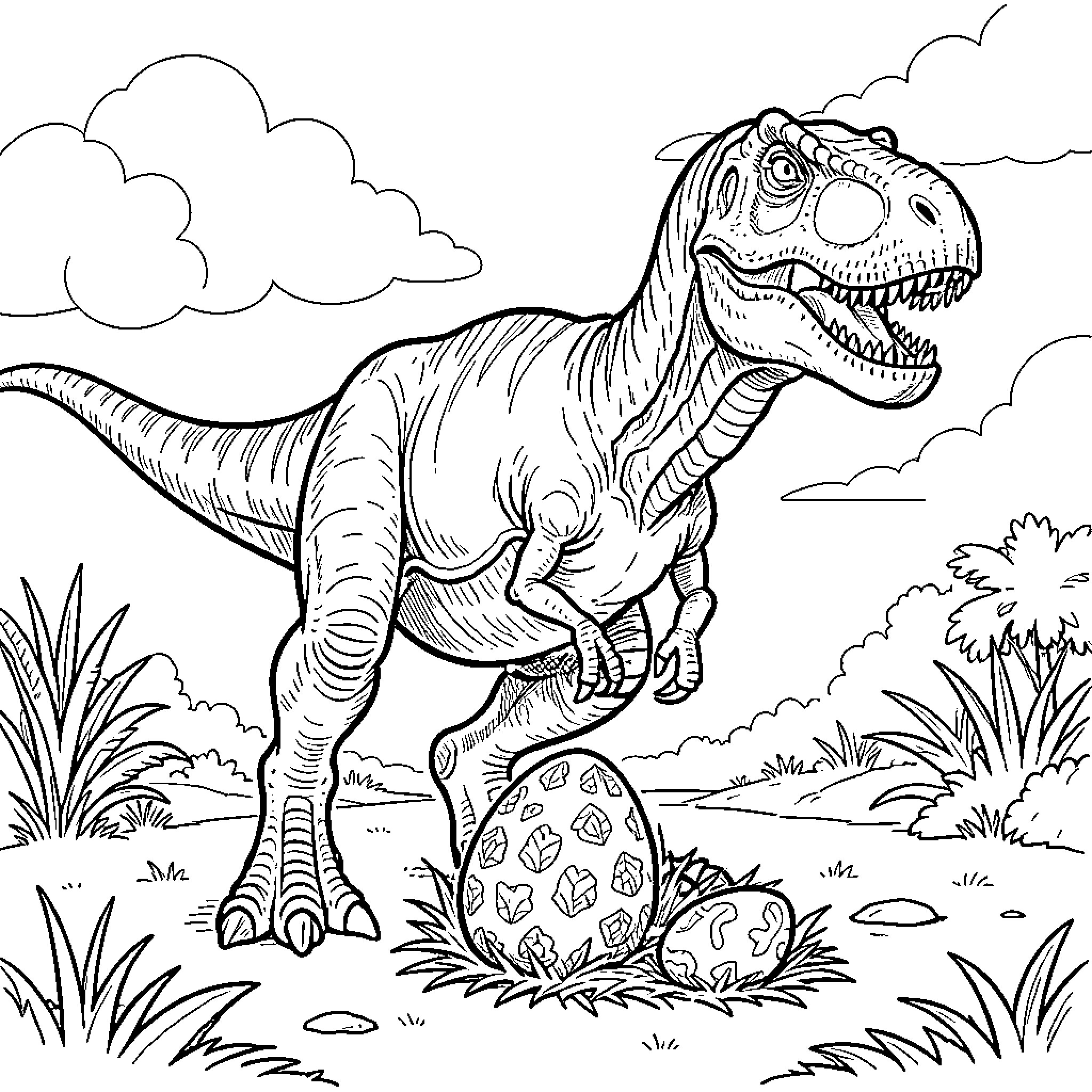 Trex guarding its spotted eggs in a prehistoric landscape Coloring Page (free black-and-white line drawing printable PDF for all, from beginners to advanced learners, including children, teens, adults, and seniors)