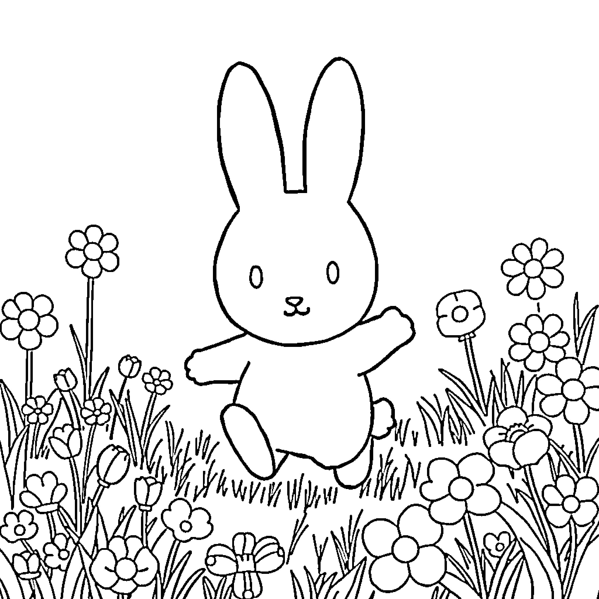 Miffy playing in a flower garden Coloring Page (free black-and-white line drawing printable PDF for all, from beginners to advanced learners, including children, teens, adults, and seniors)