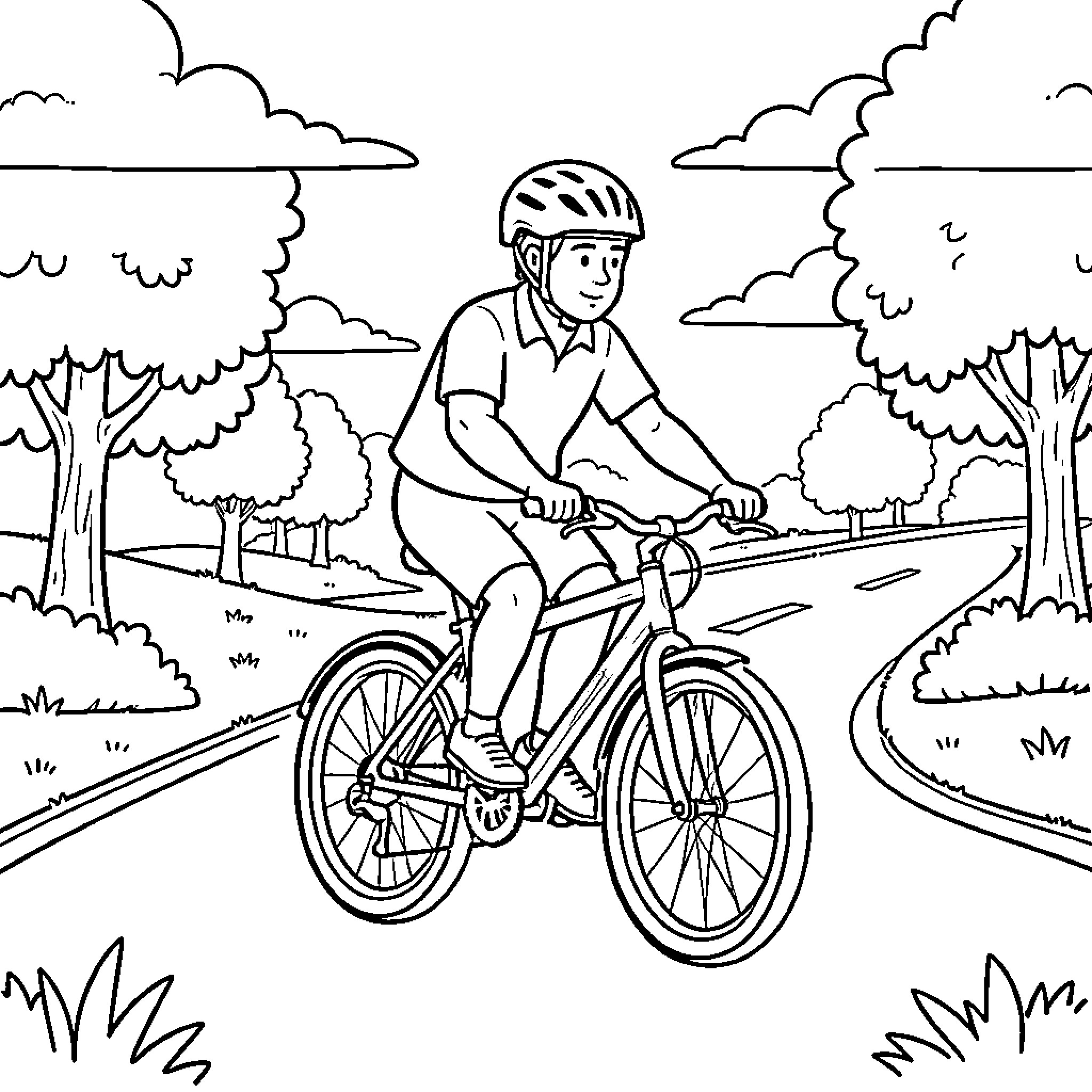 Bike riding through a scenic park with trees Coloring Page (free black-and-white line drawing printable PDF for all, from beginners to advanced learners, including children, teens, adults, and seniors)