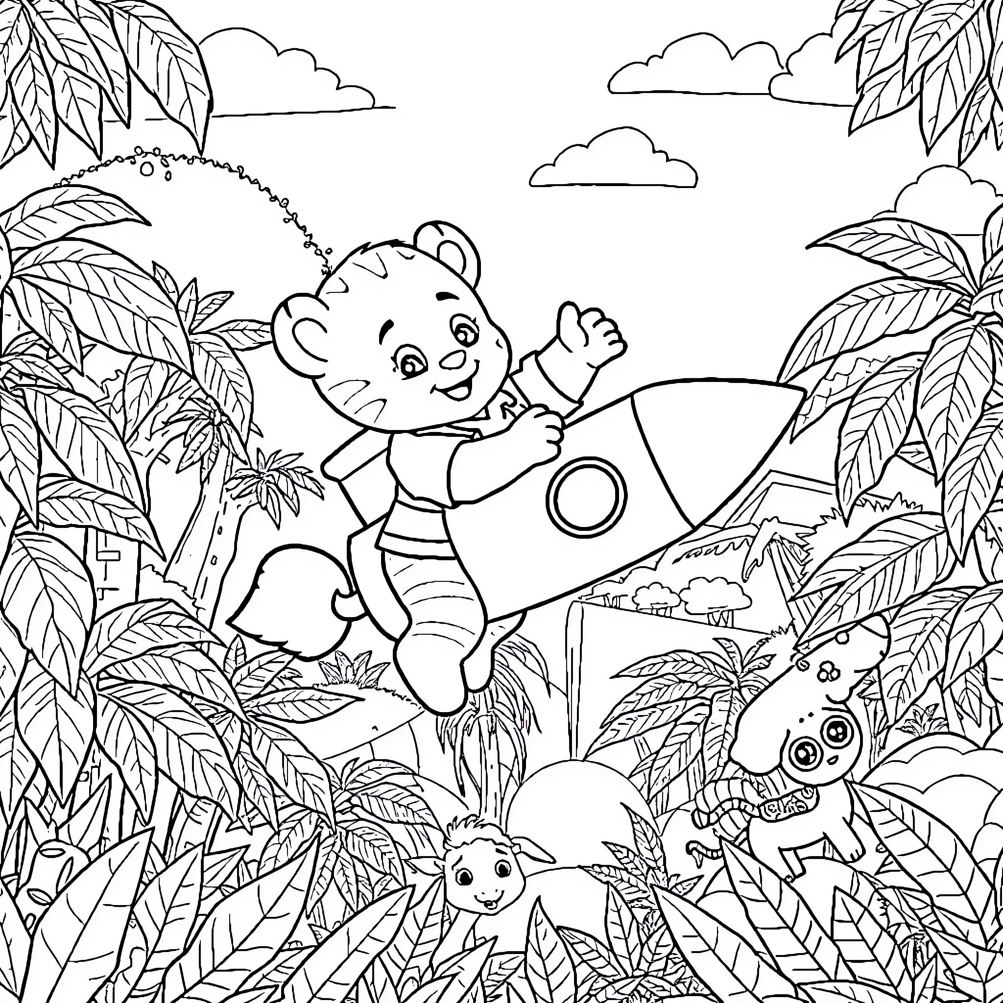 Daniel Tiger having fun in the jungle Coloring Page (free black-and-white line drawing printable PDF for all, from beginners to advanced learners, including children, teens, adults, and seniors)