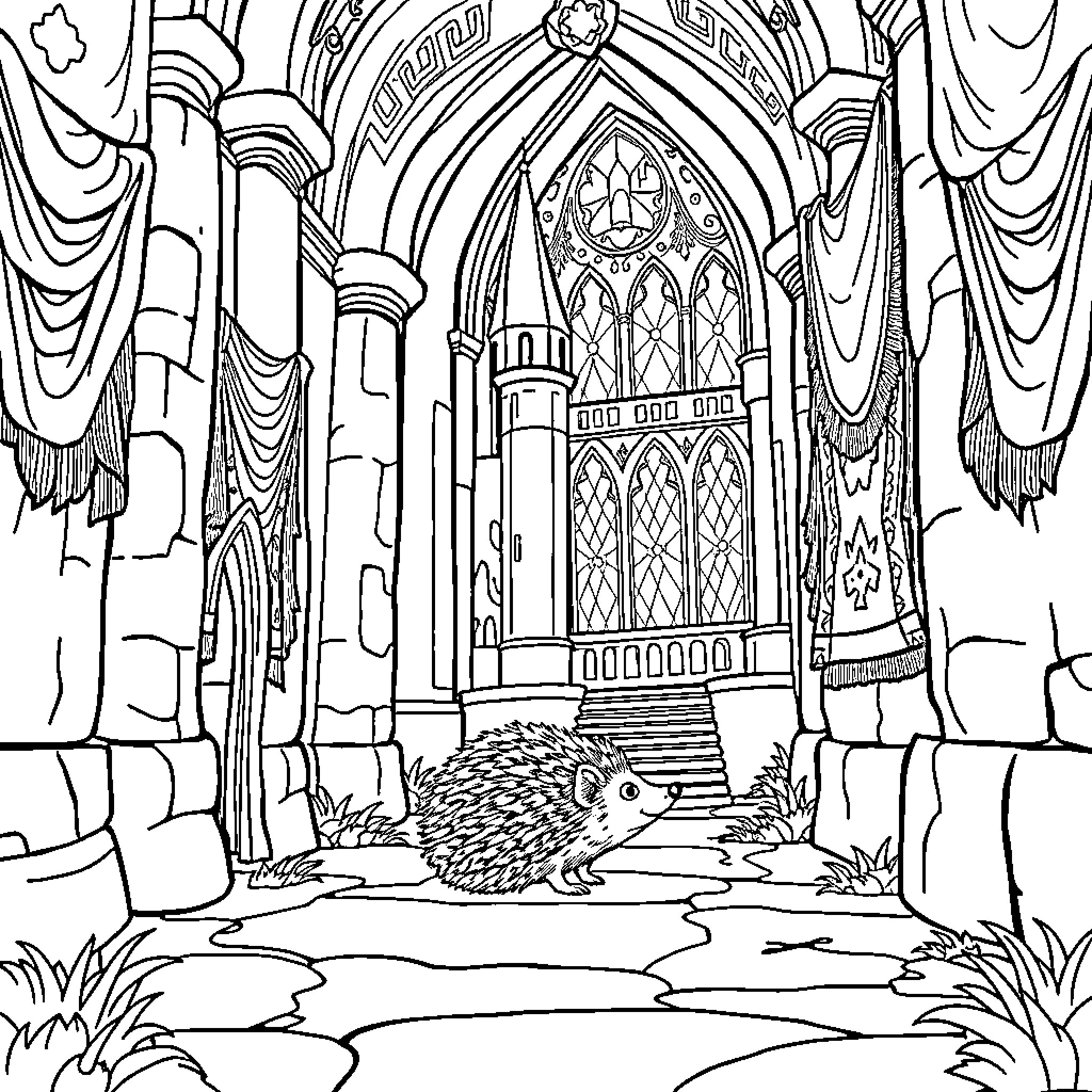 Hedgehog exploring Gothic cathedral interior Coloring Page (free black-and-white line drawing printable PDF for all, from beginners to advanced learners, including children, teens, adults, and seniors)