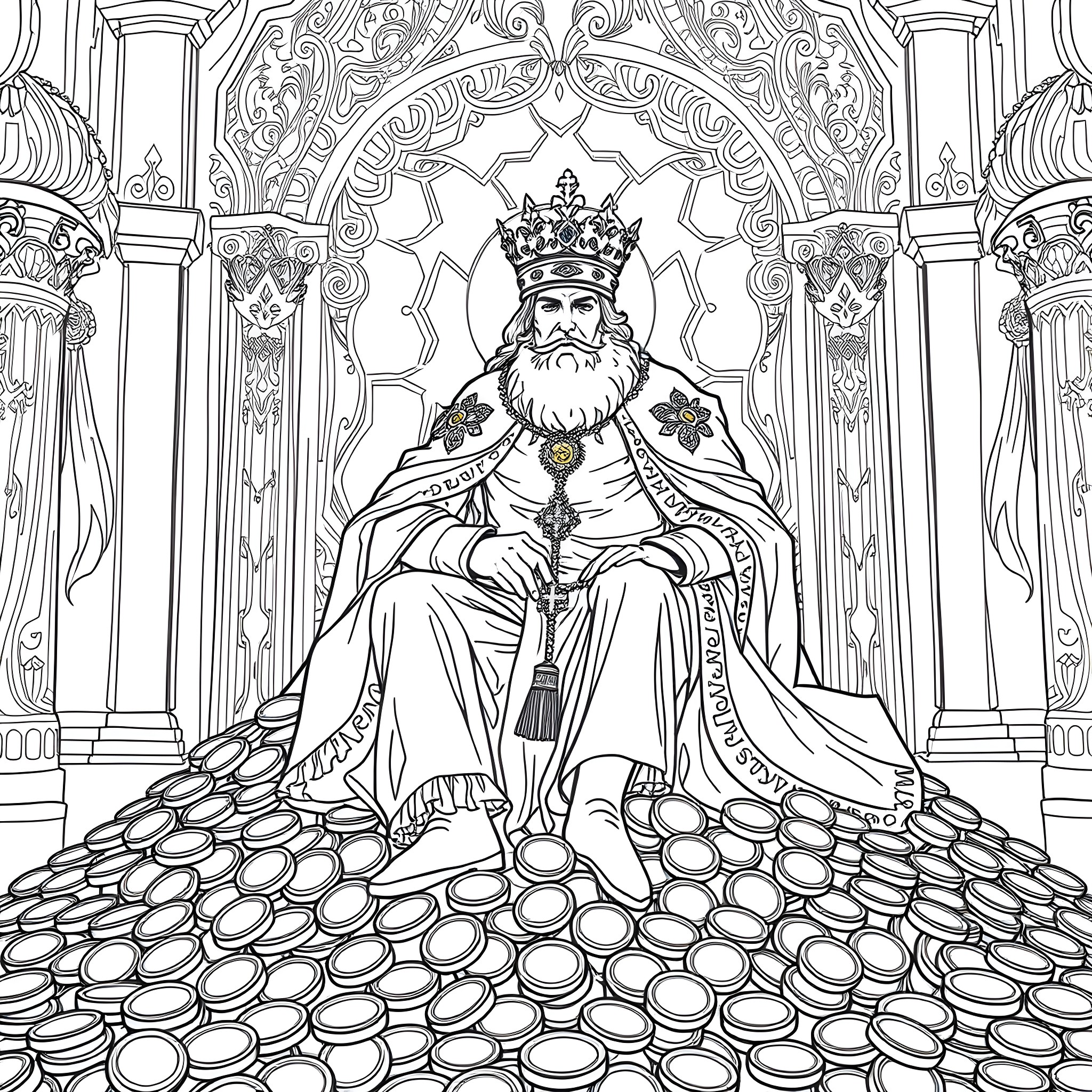 King Ruling Over His Lavish Kingdom Coloring Page (free black-and-white line drawing printable PDF for all, from beginners to advanced learners, including children, teens, adults, and seniors)