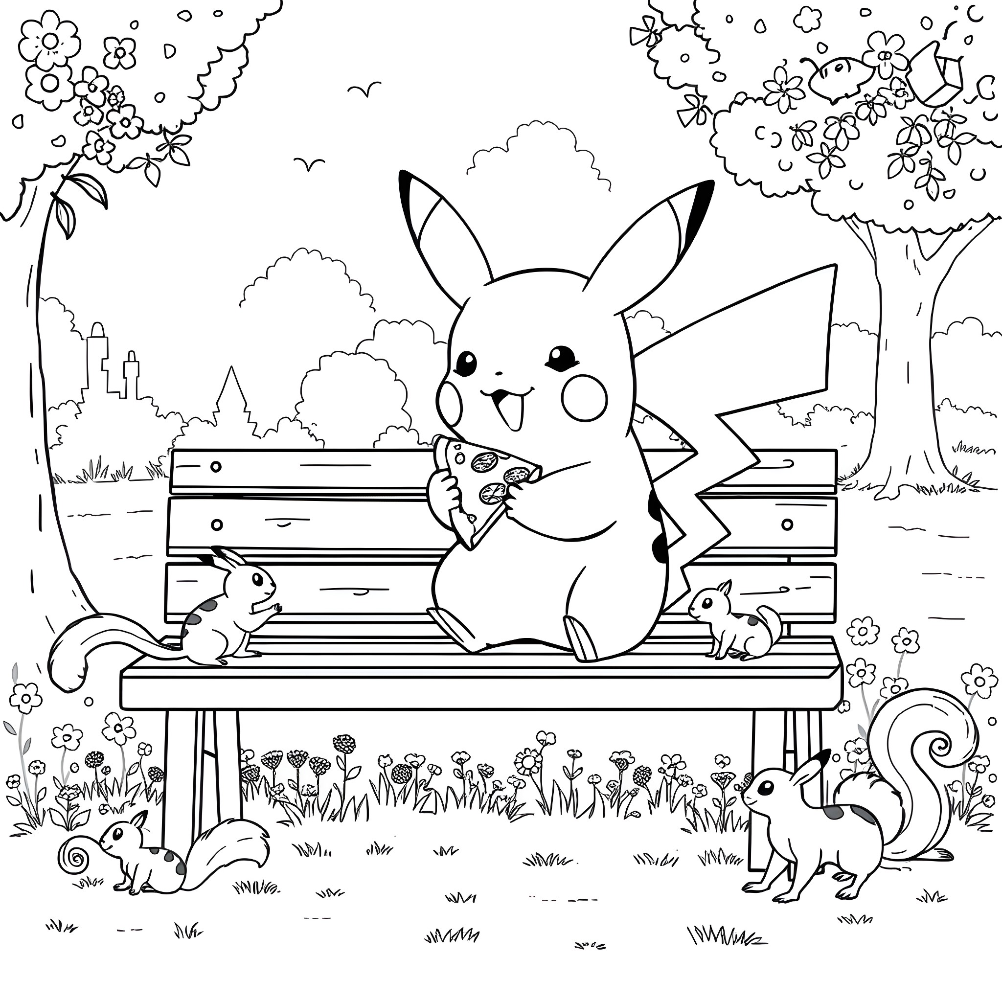 Pikachu relaxing with small animals in a peaceful forest Coloring Page (free black-and-white line drawing printable PDF for all, from beginners to advanced learners, including children, teens, adults, and seniors)