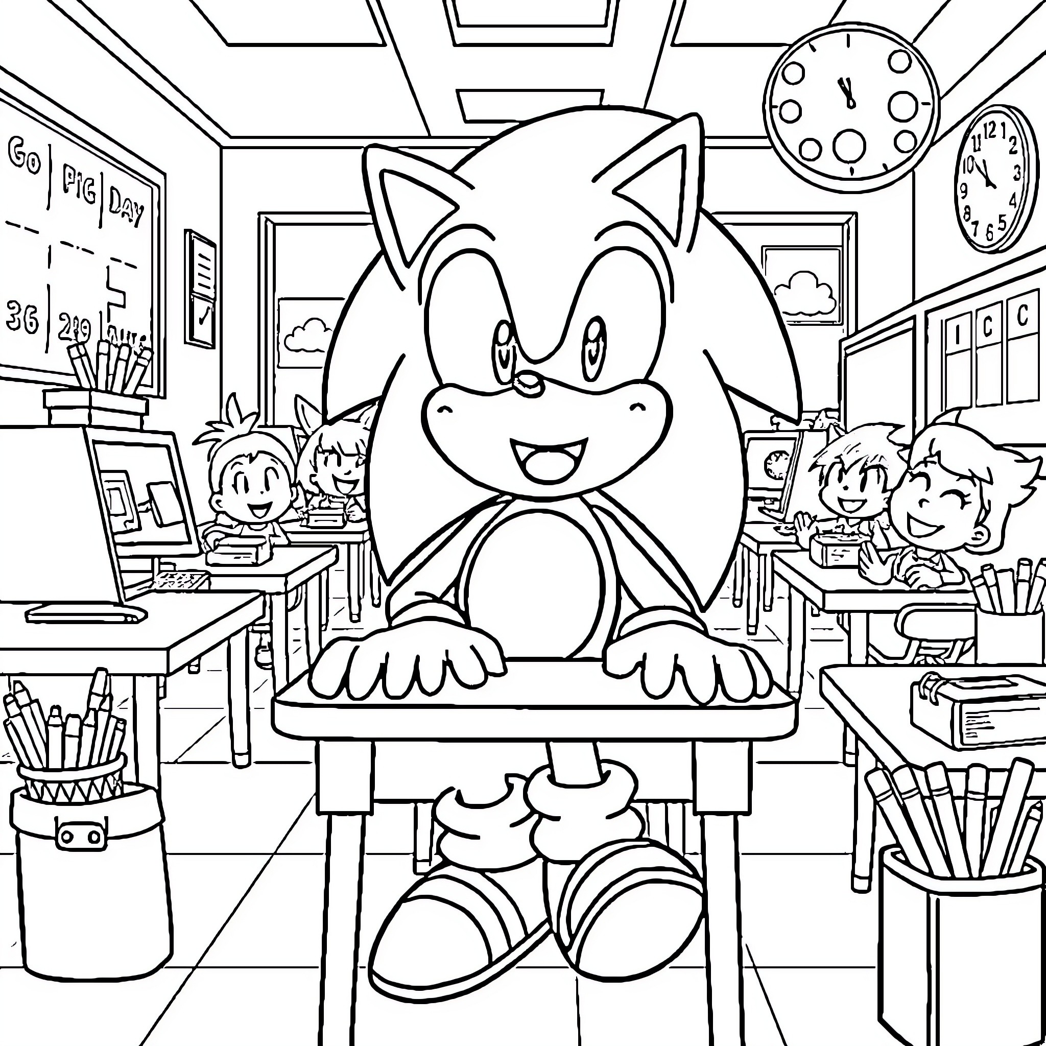 Sonic in a Cheerful Classroom Setting Coloring Page (free black-and-white line drawing printable PDF for all, from beginners to advanced learners, including children, teens, adults, and seniors)