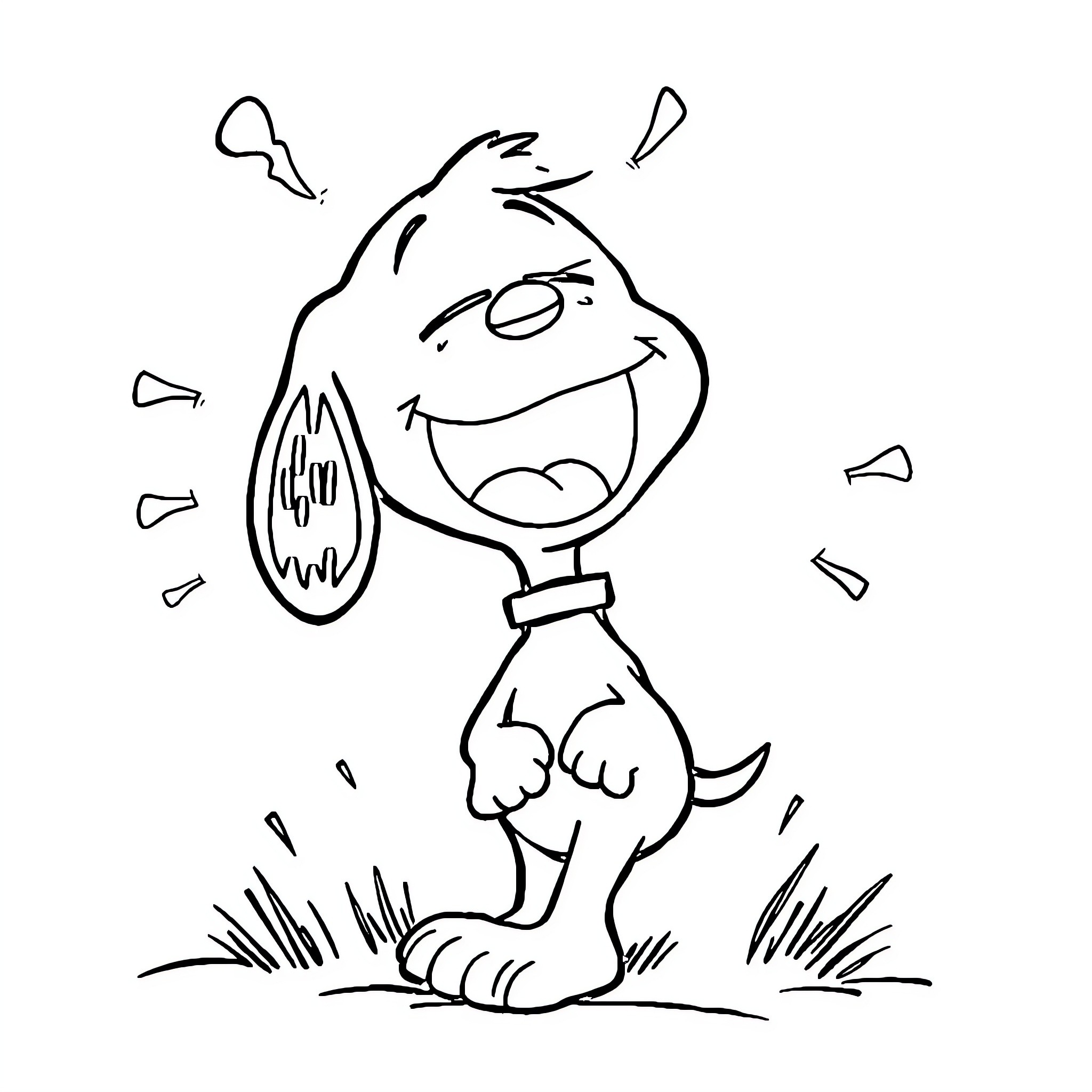 Snoopy playing happily in the field Coloring Page (free black-and-white line drawing printable PDF for all, from beginners to advanced learners, including children, teens, adults, and seniors)