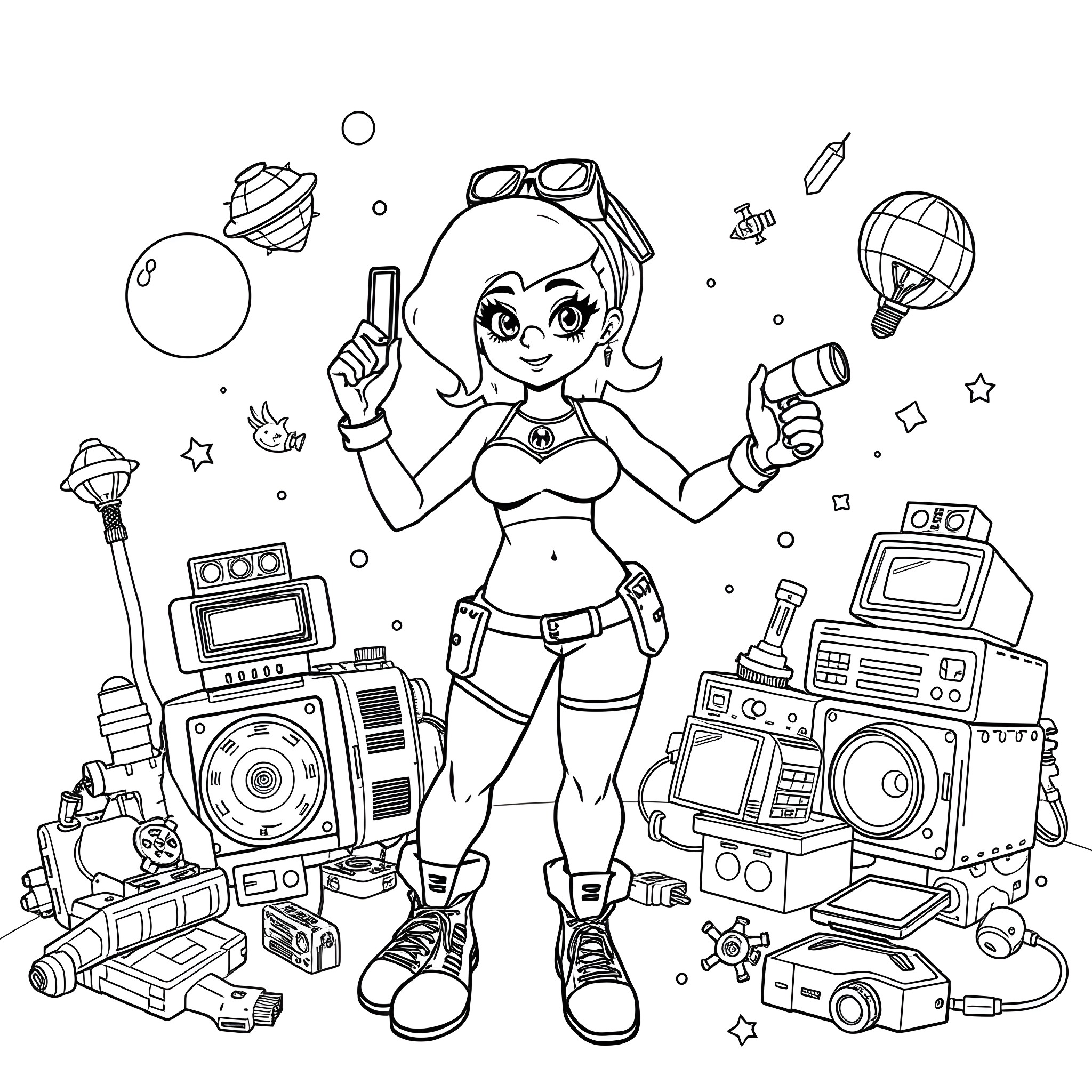 Bulma's Gadget-Filled Adventure Coloring Page (free black-and-white line drawing printable PDF for all, from beginners to advanced learners, including children, teens, adults, and seniors)