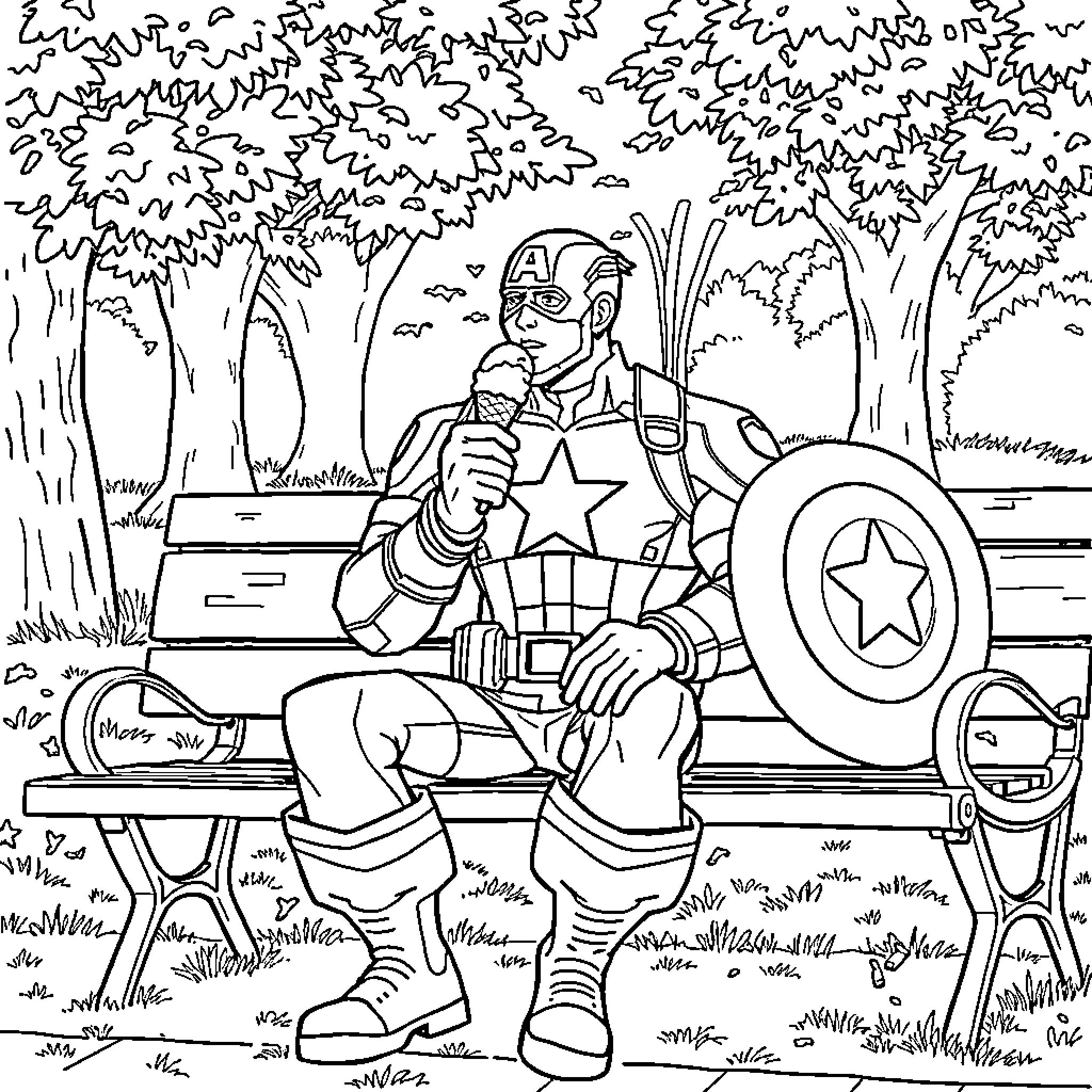 Captain America resting with shield after a battle in the forest Coloring Page (free black-and-white line drawing printable PDF for all, from beginners to advanced learners, including children, teens, adults, and seniors)