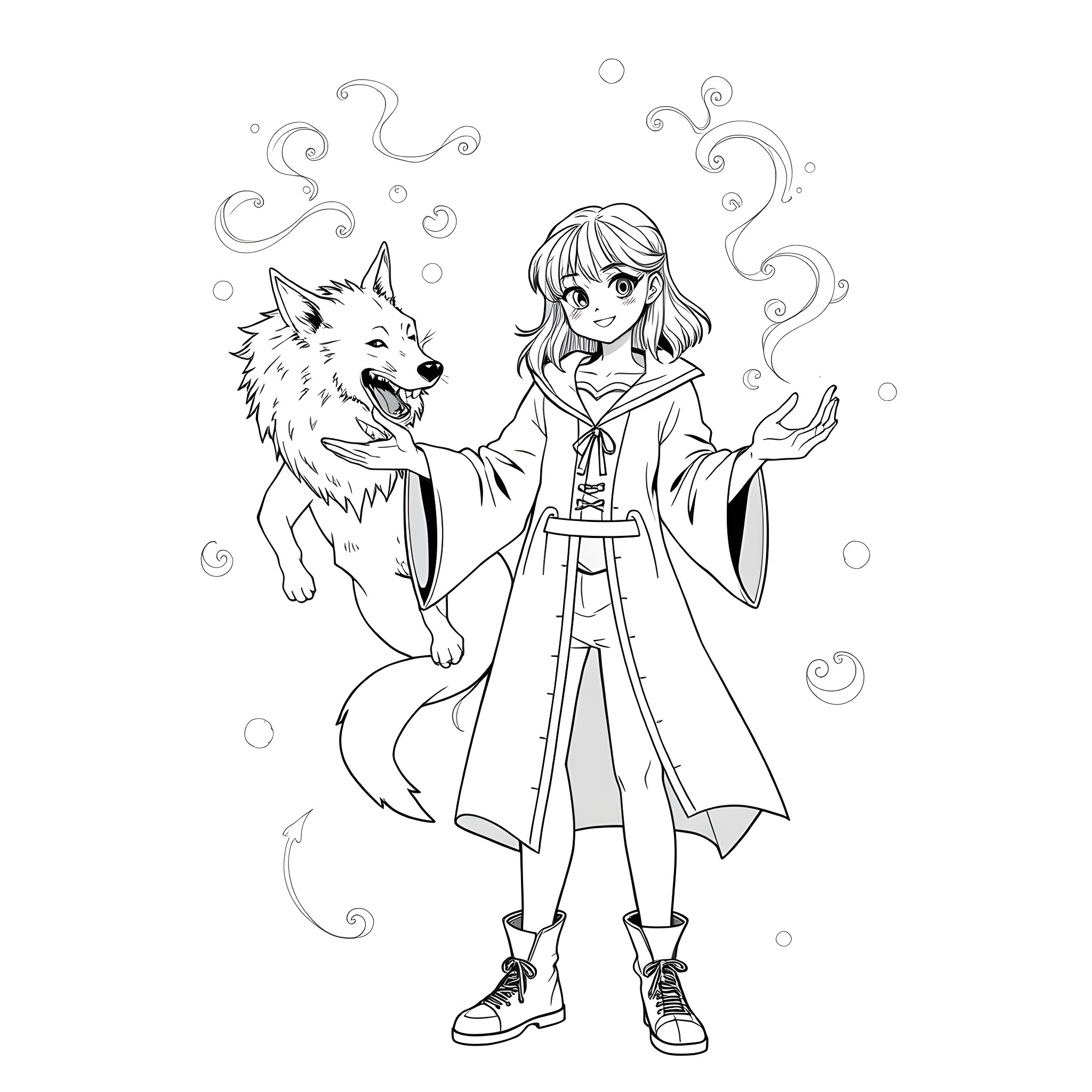 Teen Girl Interacting Whimsically with Wolf Coloring Page (free black-and-white line drawing printable PDF for all, from beginners to advanced learners, including children, teens, adults, and seniors)