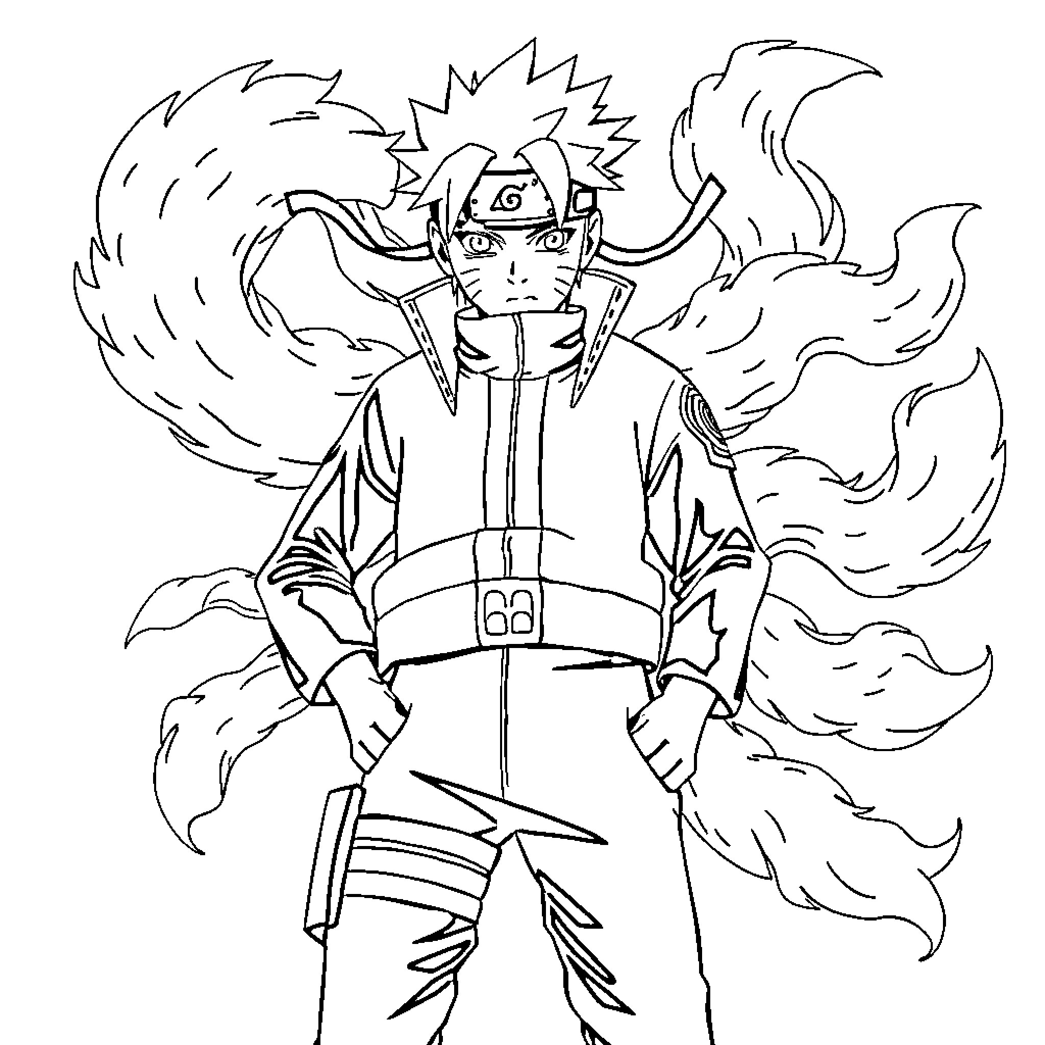 Naruto in Fierce Action with Chakra Flames Coloring Page (free black-and-white line drawing printable PDF for all, from beginners to advanced learners, including children, teens, adults, and seniors)