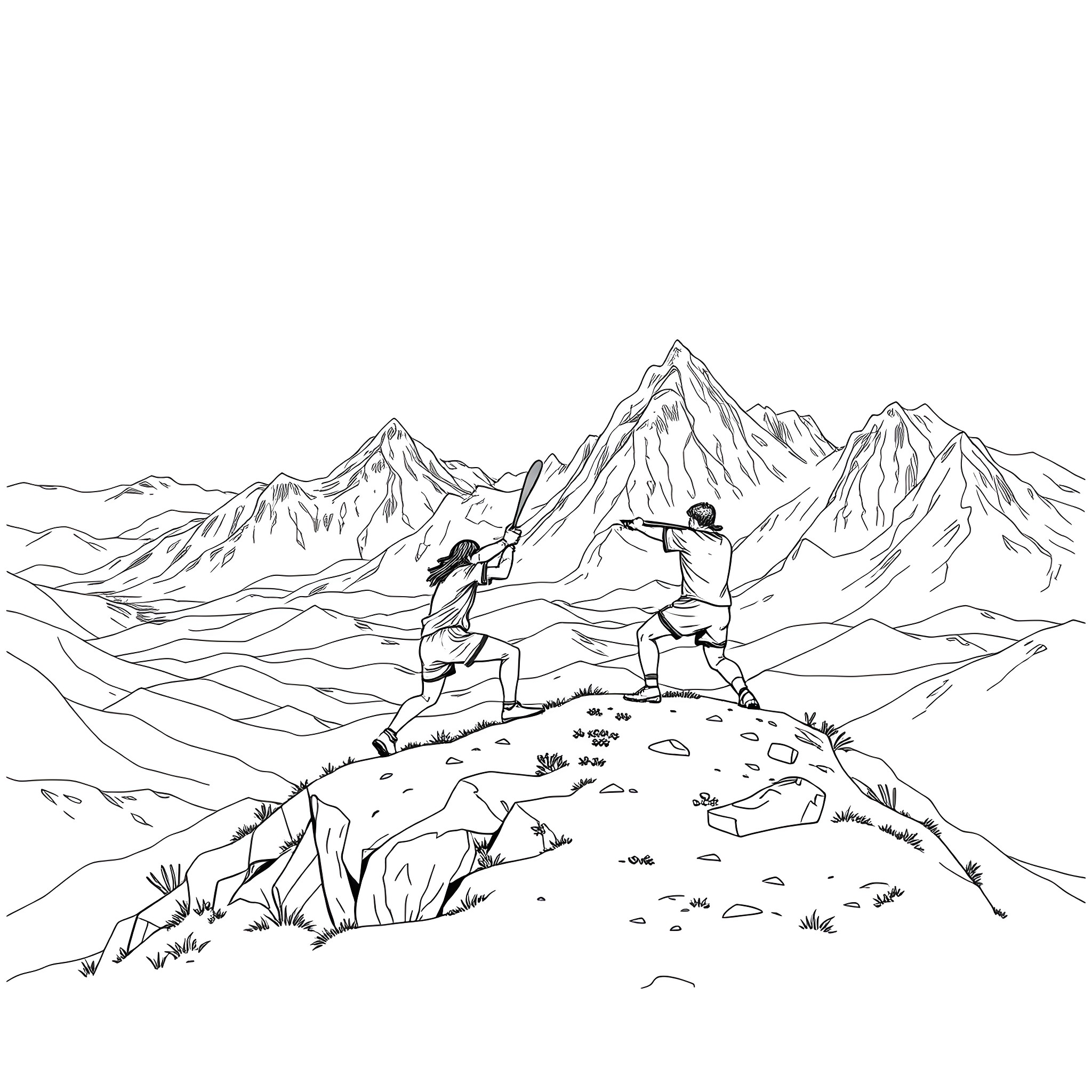 Hurling in the majestic mountain scenery Coloring Page (free black-and-white line drawing printable PDF for all, from beginners to advanced learners, including children, teens, adults, and seniors)