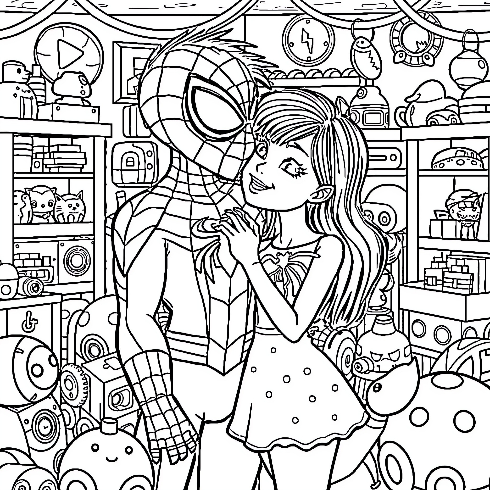 Gabby's Whimsical Adventure in the Toy Workshop Coloring Page (free black-and-white line drawing printable PDF for all, from beginners to advanced learners, including children, teens, adults, and seniors)
