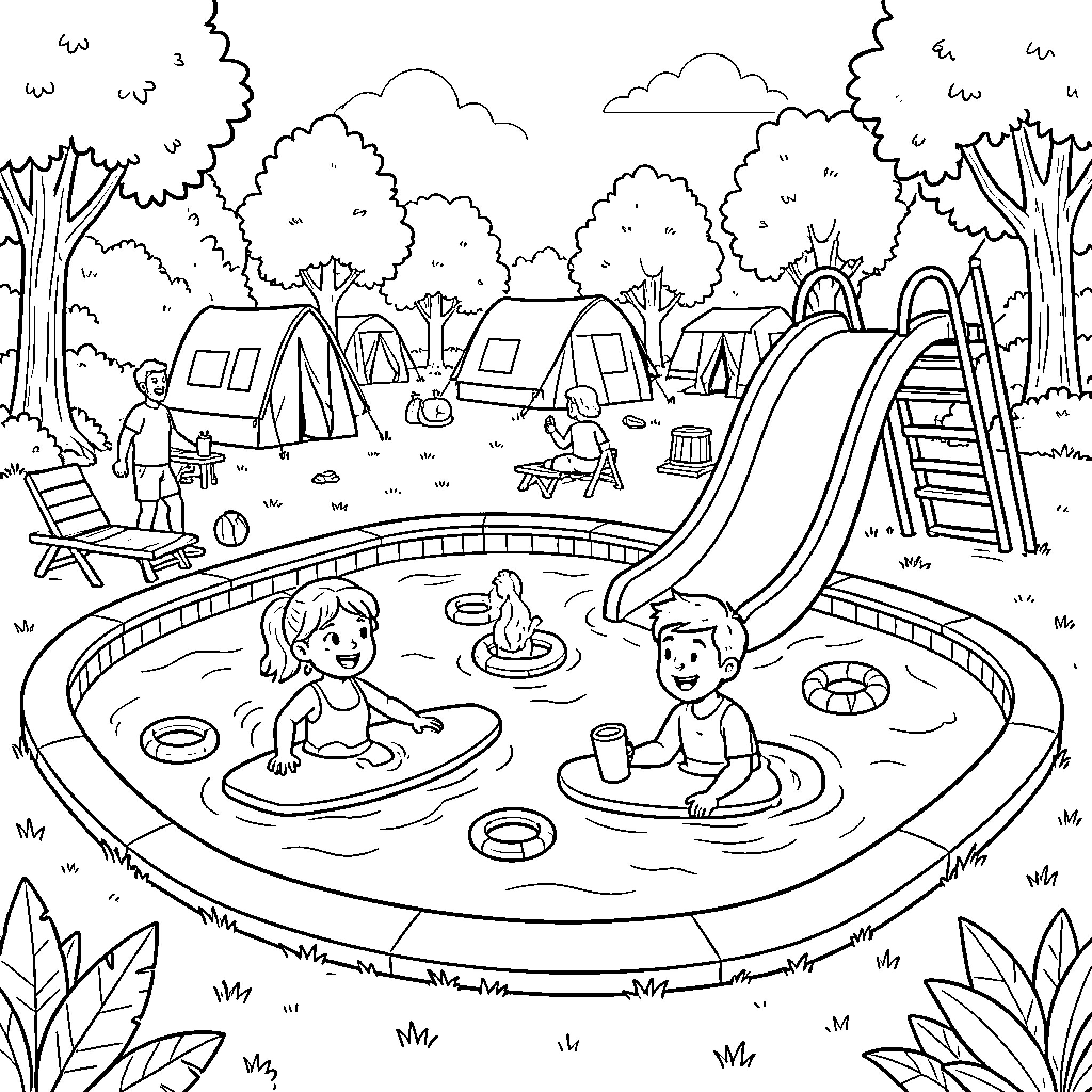 Pool scene with children playing and relaxing outdoors Coloring Page (free black-and-white line drawing printable PDF for all, from beginners to advanced learners, including children, teens, adults, and seniors)