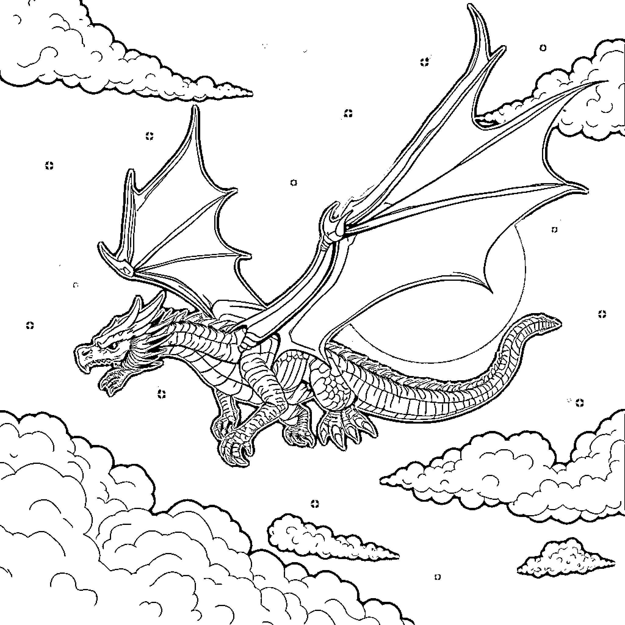 Dragon soaring through cloudy skies Coloring Page (free black-and-white line drawing printable PDF for all, from beginners to advanced learners, including children, teens, adults, and seniors)