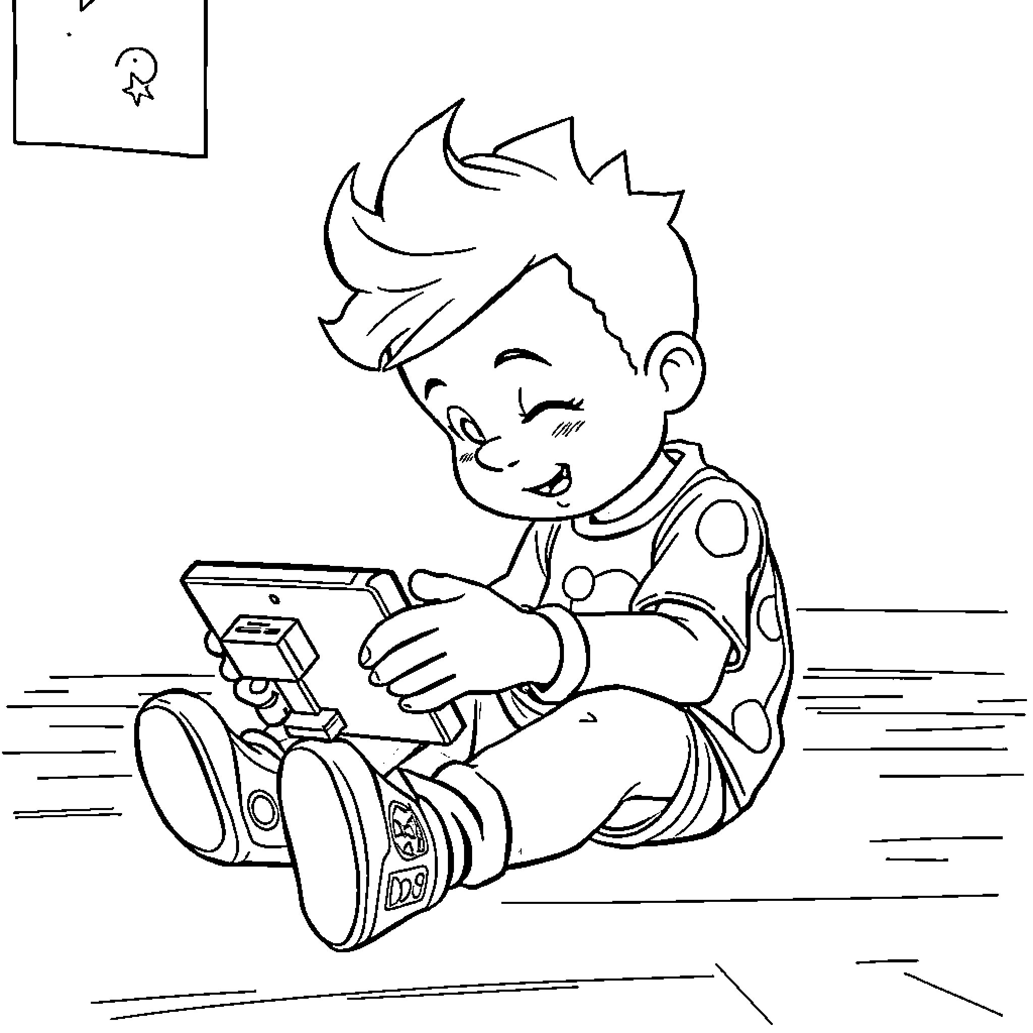 Tommy Pickles playing with his camera Coloring Page (free black-and-white line drawing printable PDF for all, from beginners to advanced learners, including children, teens, adults, and seniors)