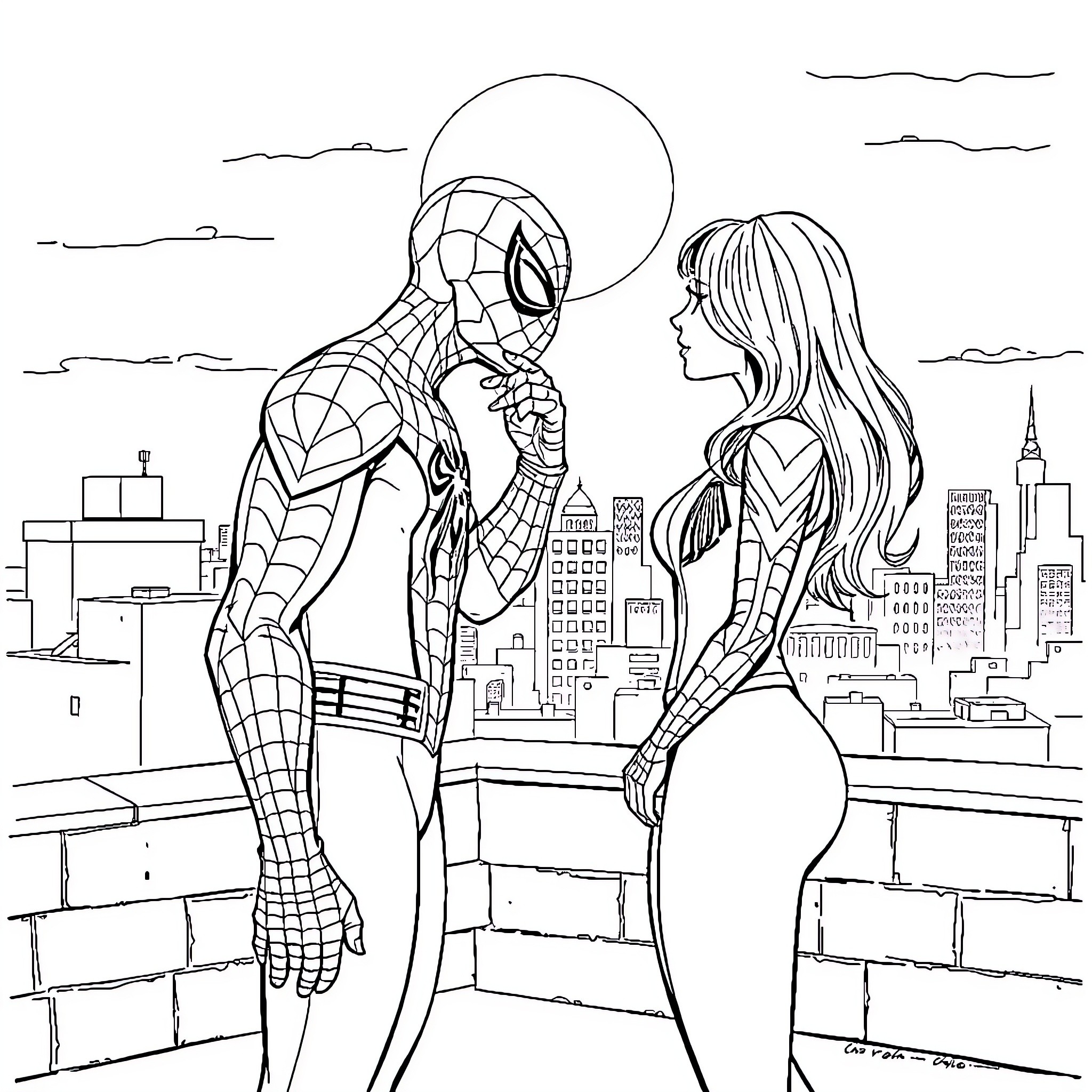 Spiderman interacting with a female companion in the city Coloring Page (free black-and-white line drawing printable PDF for all, from beginners to advanced learners, including children, teens, adults, and seniors)