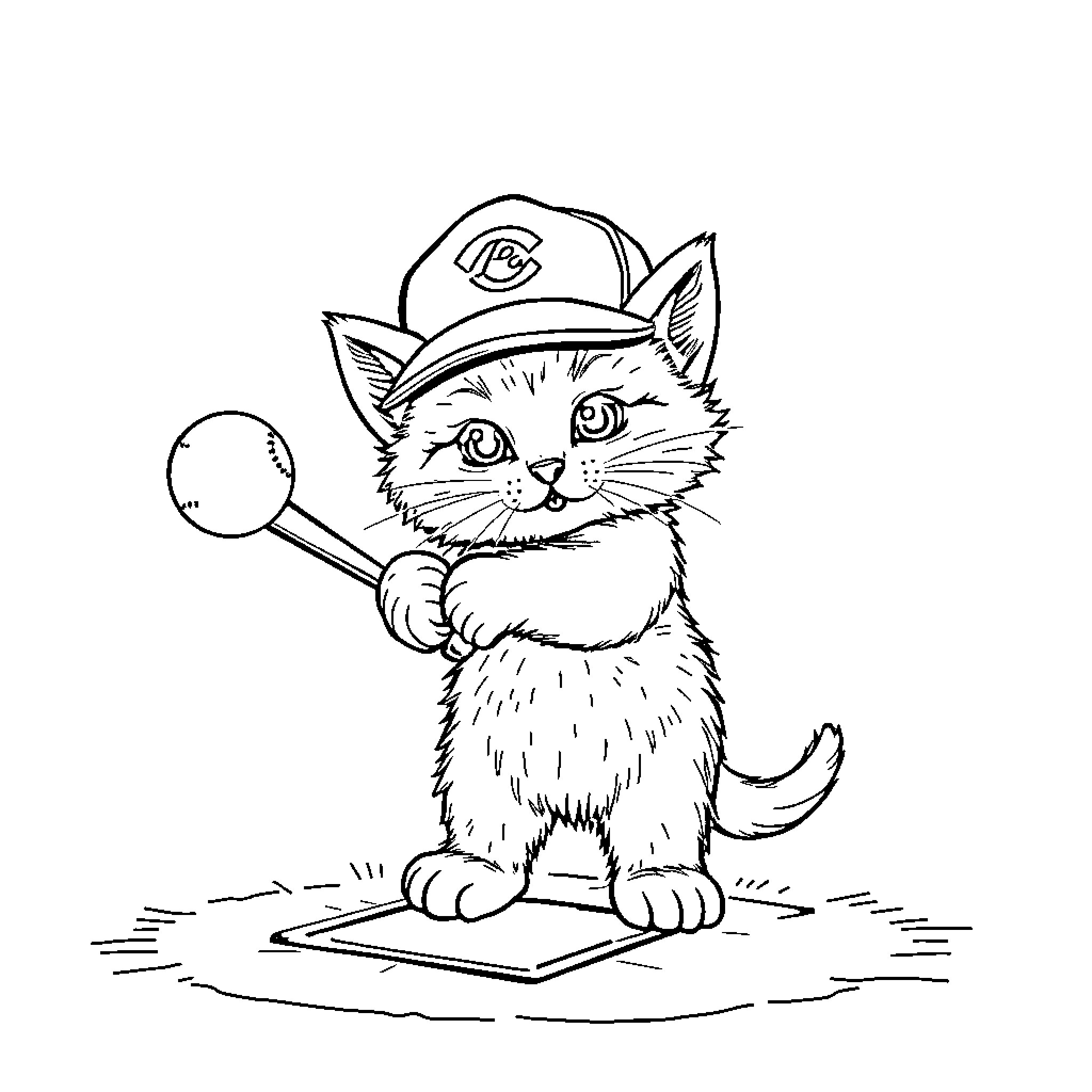Kitten playing detective with magnifying glass Coloring Page (free black-and-white line drawing printable PDF for all, from beginners to advanced learners, including children, teens, adults, and seniors)