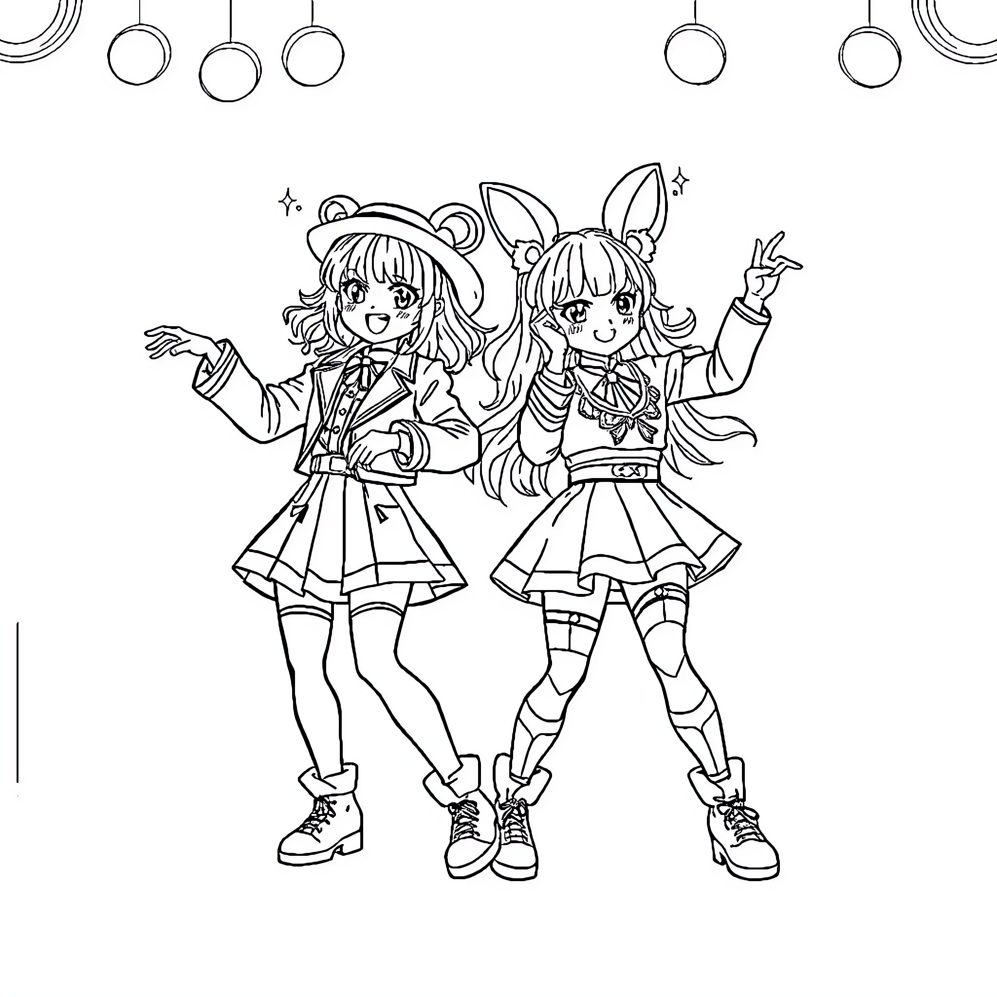 Kpop-inspired stylish girls in anime outfits Coloring Page (free black-and-white line drawing printable PDF for all, from beginners to advanced learners, including children, teens, adults, and seniors)