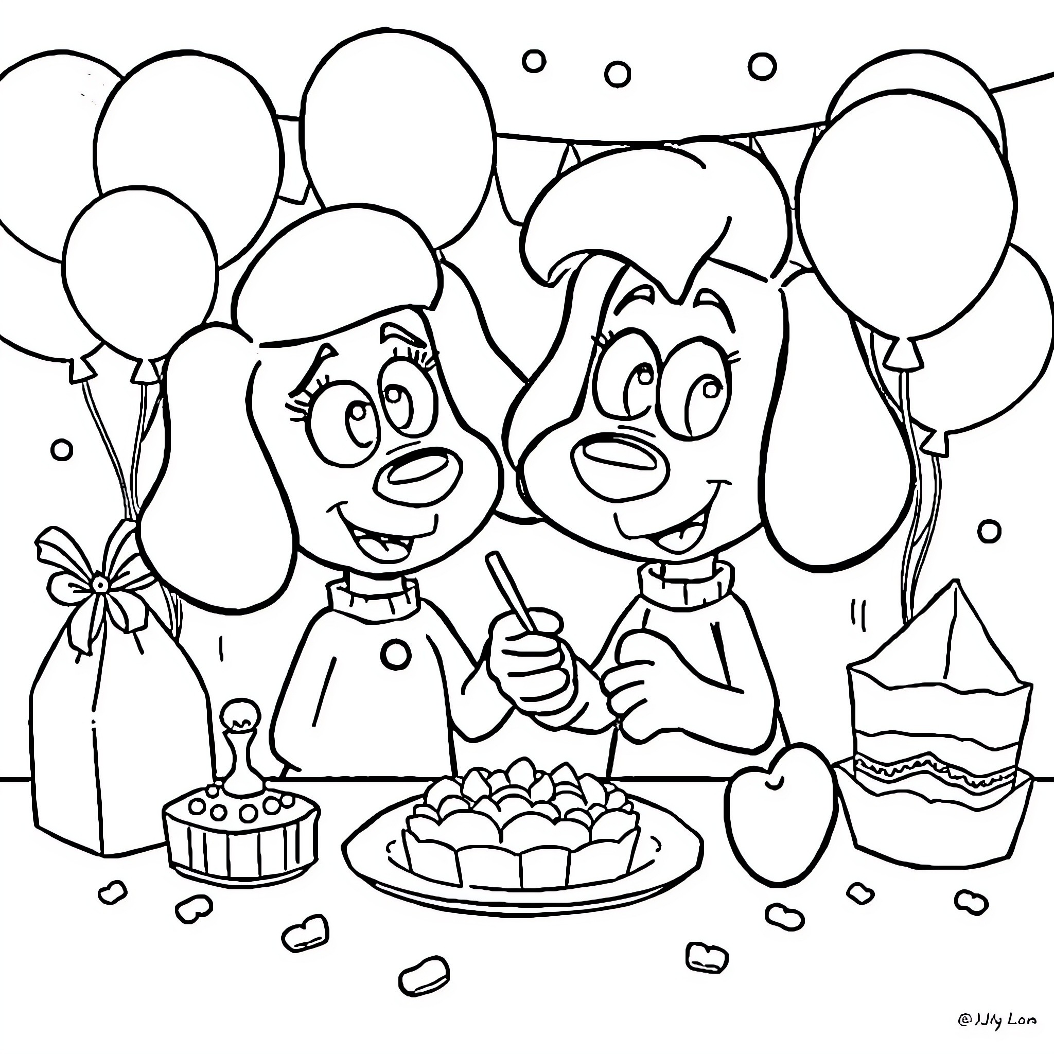 Blue Cartoons Celebrating with Balloons and Sweets Coloring Page (free black-and-white line drawing printable PDF for all, from beginners to advanced learners, including children, teens, adults, and seniors)
