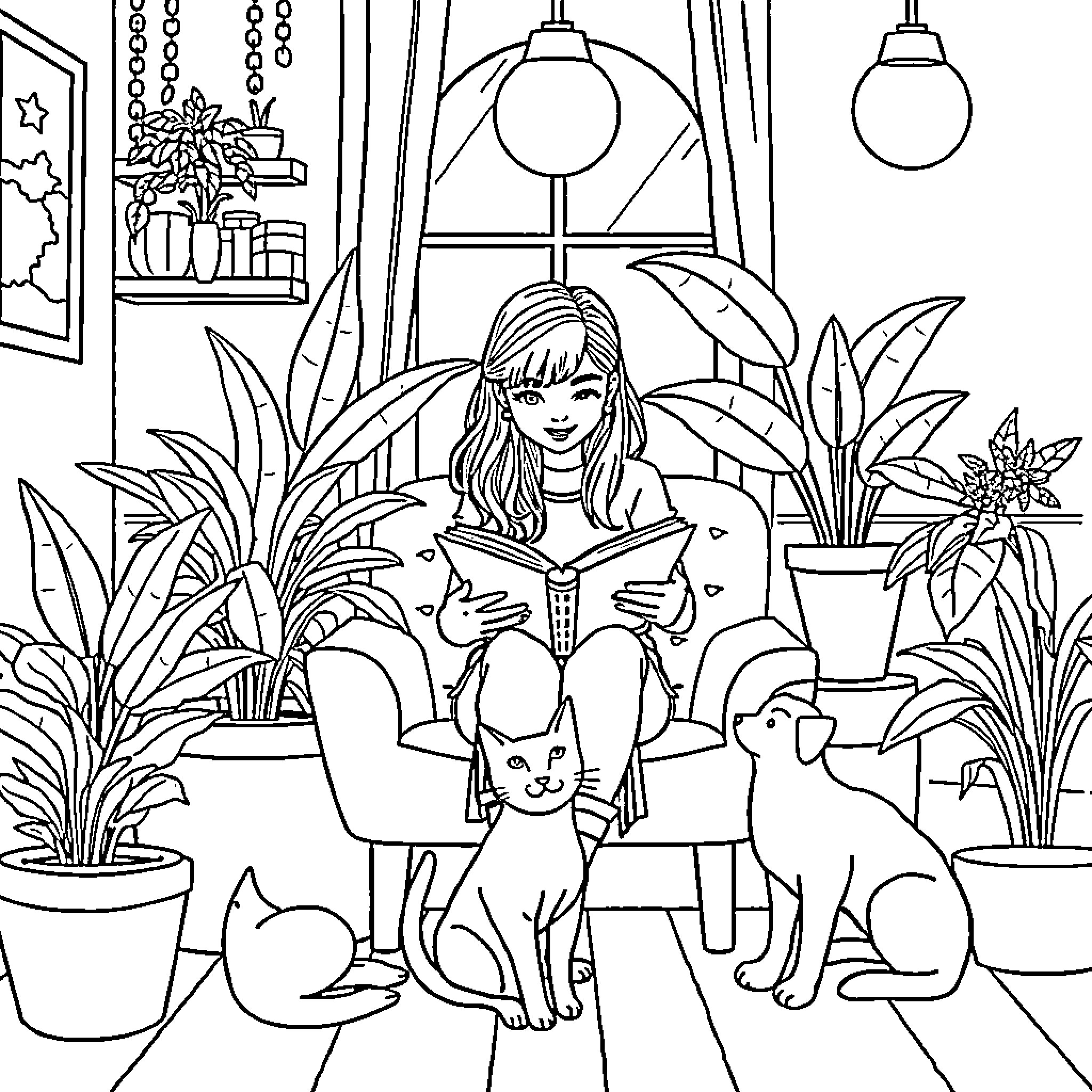 Girl reading books with her pet dogs at home Coloring Page (free black-and-white line drawing printable PDF for all, from beginners to advanced learners, including children, teens, adults, and seniors)