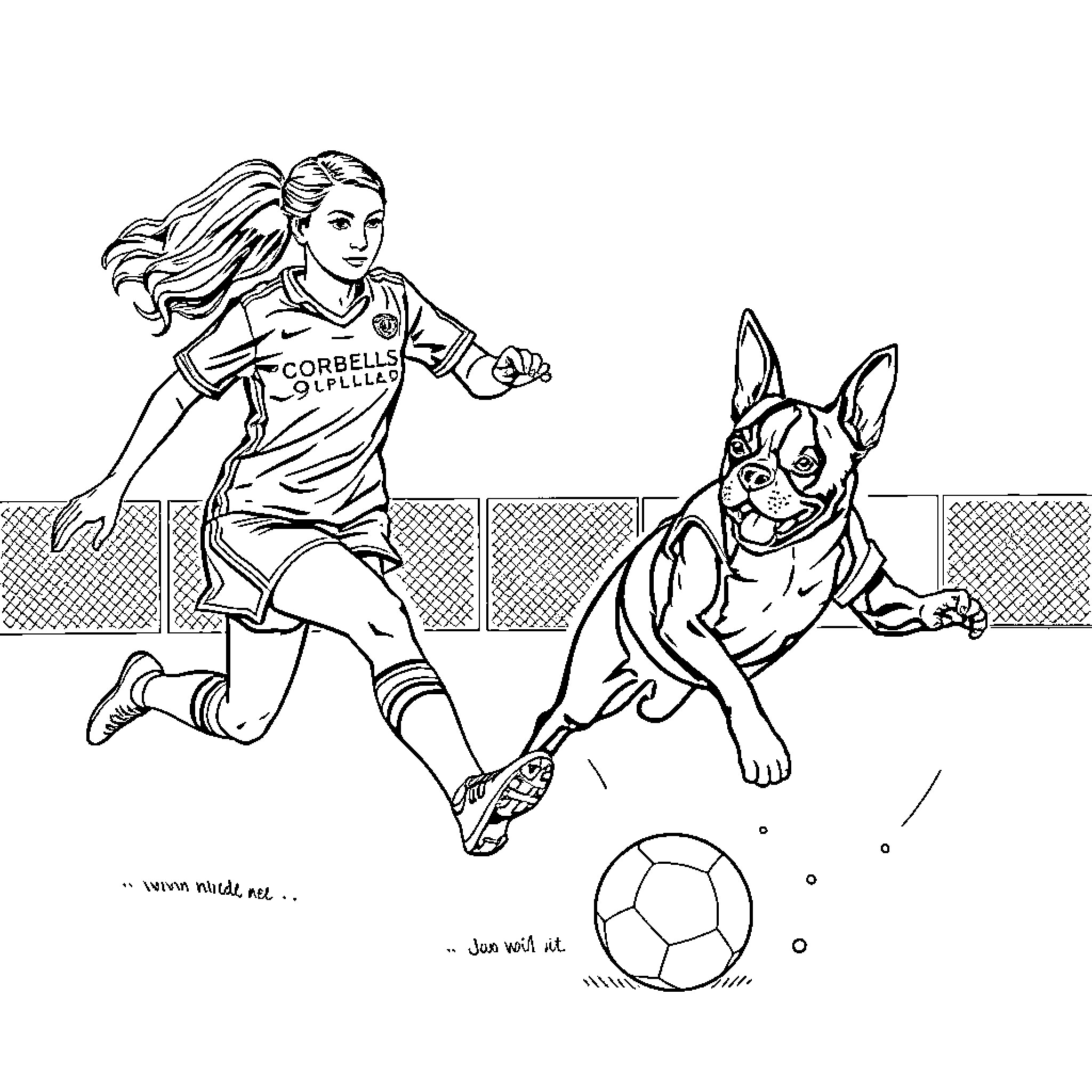 Boston Terrier playing soccer with young woman Coloring Page (free black-and-white line drawing printable PDF for all, from beginners to advanced learners, including children, teens, adults, and seniors)