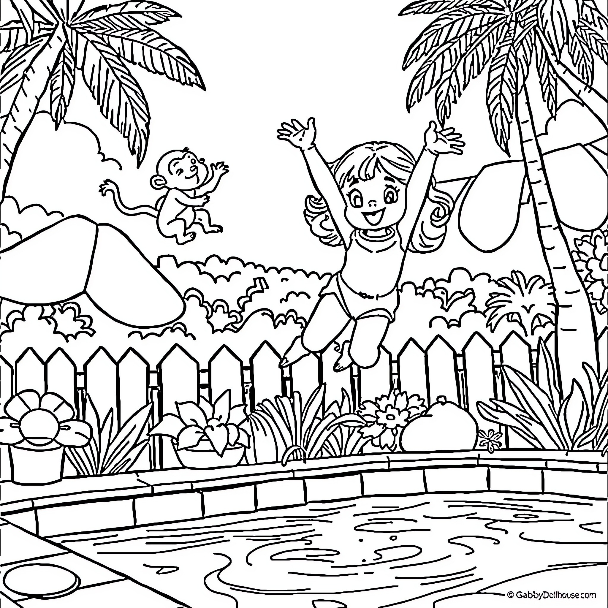 Gabby's Joyful Playtime in the Tropical Paradise Coloring Page (free black-and-white line drawing printable PDF for all, from beginners to advanced learners, including children, teens, adults, and seniors)
