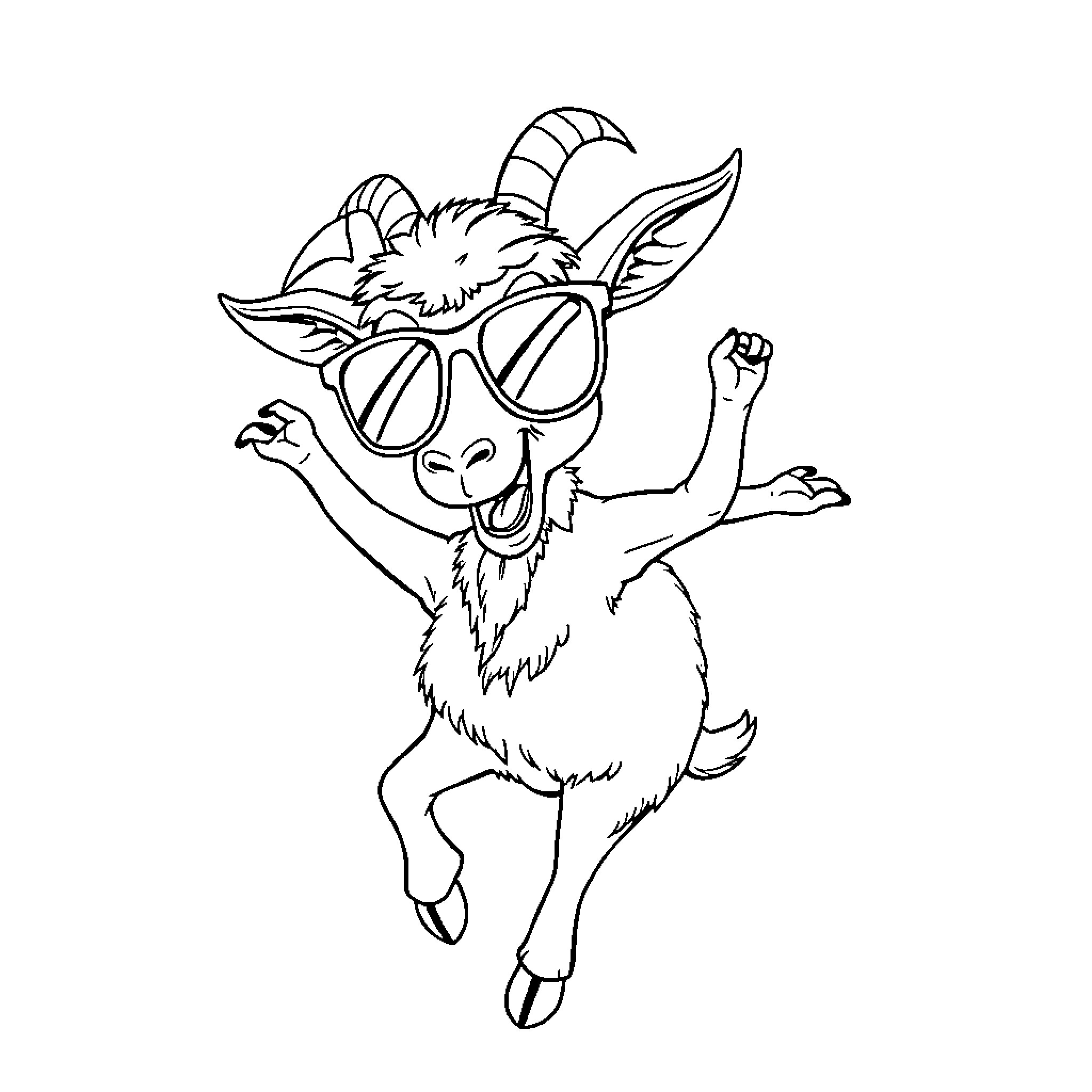 Goat wearing sunglasses and dancing happily Coloring Page (free black-and-white line drawing printable PDF for all, from beginners to advanced learners, including children, teens, adults, and seniors)