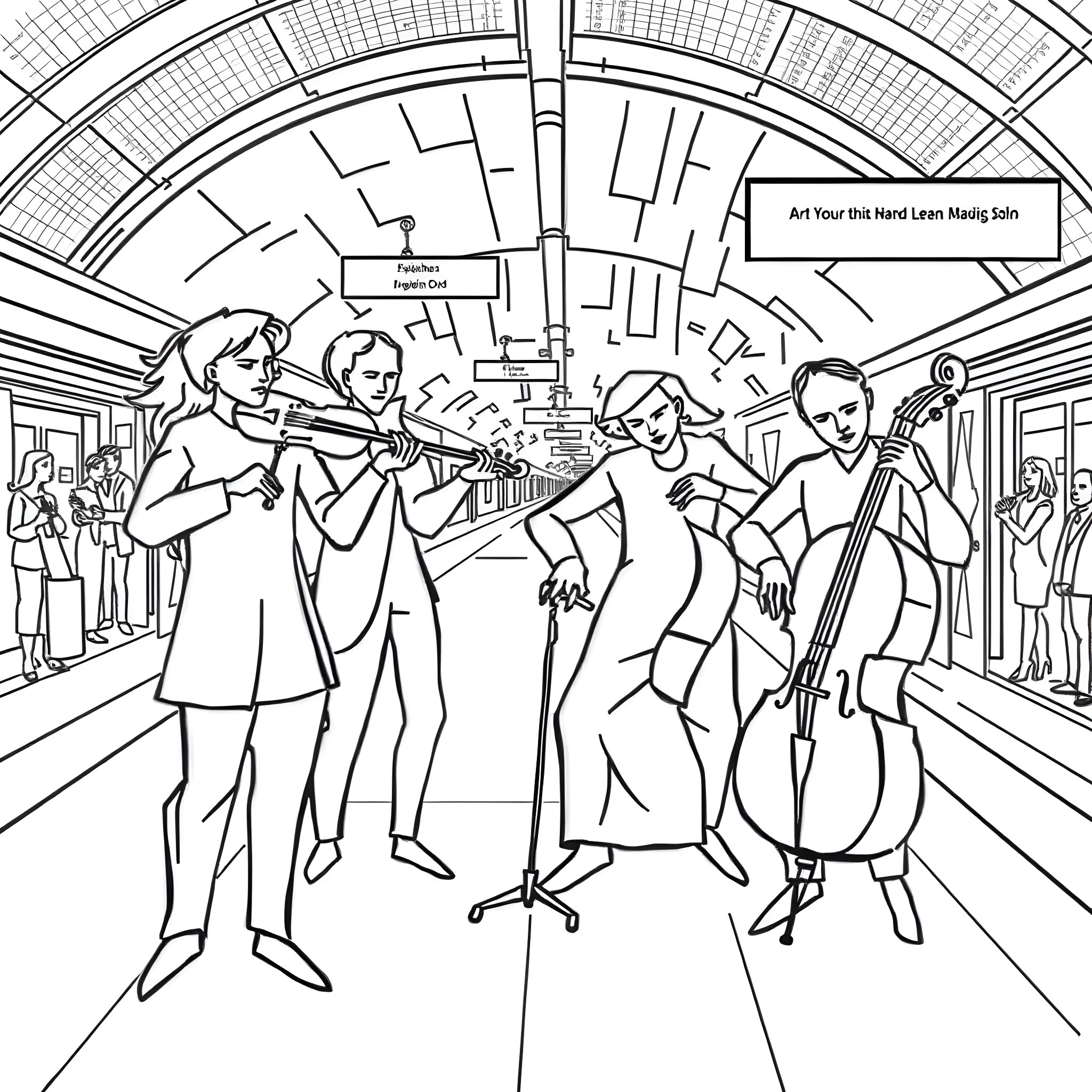 Cubist Figures Performing Music in a Metro Station Coloring Page (free black-and-white line drawing printable PDF for all, from beginners to advanced learners, including children, teens, adults, and seniors)